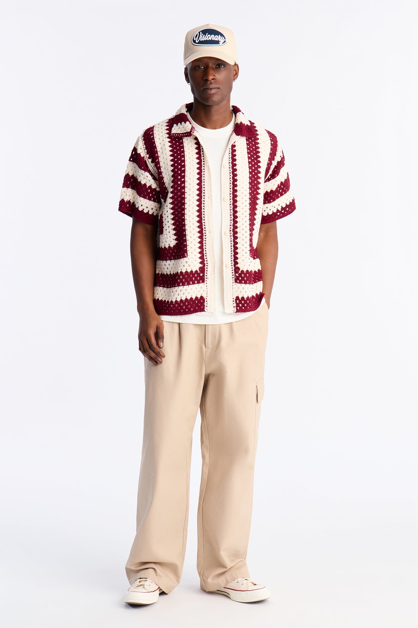 Left Turns Crochet Button Up Shirt - Burgundy