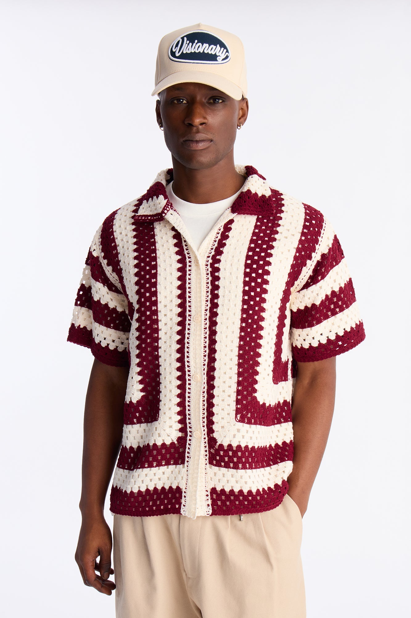 Left Turns Crochet Button Up Shirt - Burgundy