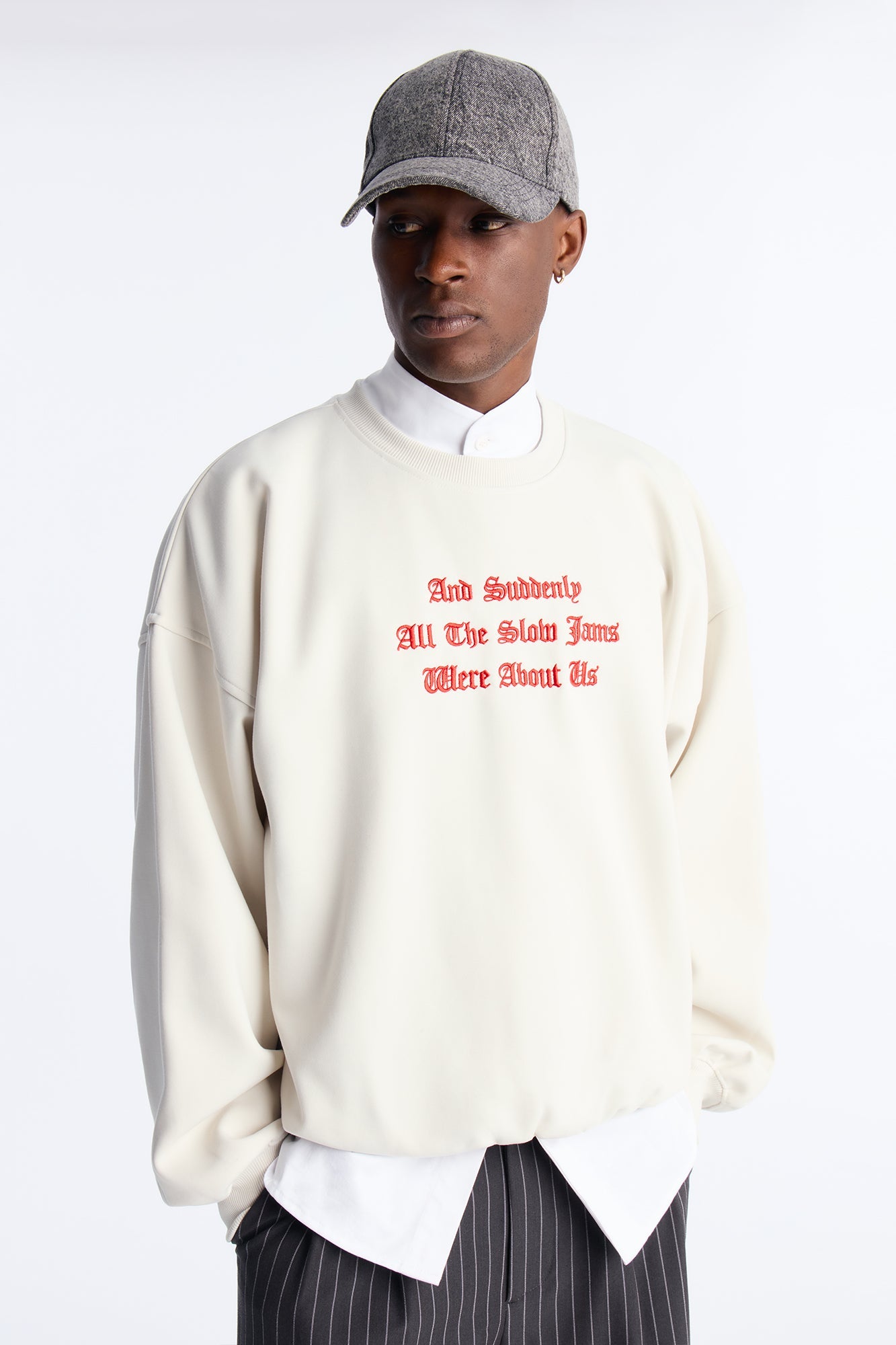 Slow Jam Embroidered Structured Fleece Crewneck - Cream