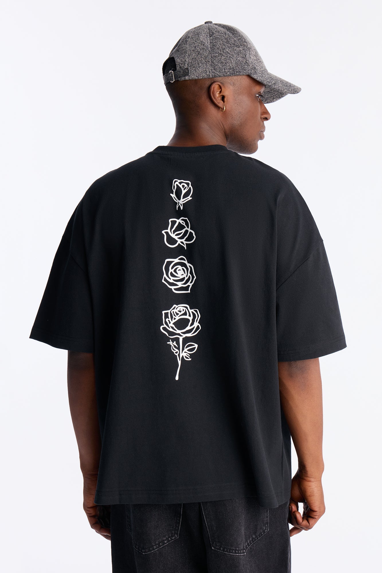 Premium Rose Embroidered Oversized Short Sleeve Tee - Black