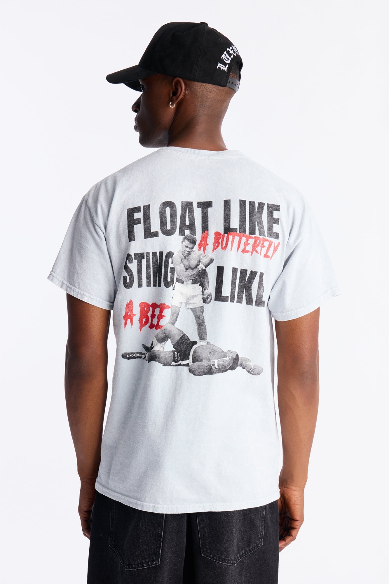 Muhammad Ali Sting Like A Bee Puff Print Short Sleeve Tee - Grey Mineral Wash