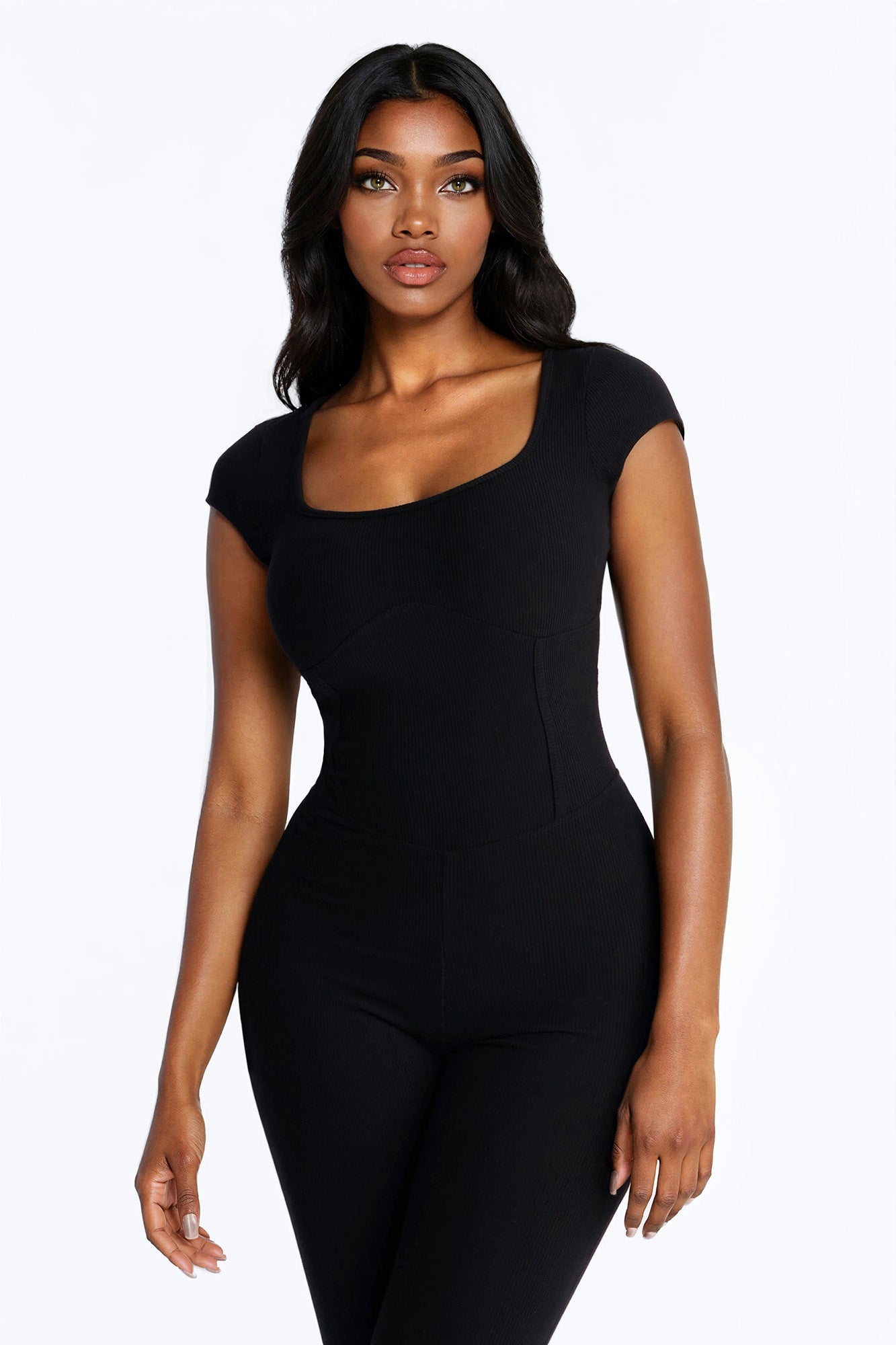 Caro Backless Ribbed Capri Jumpsuit - Black