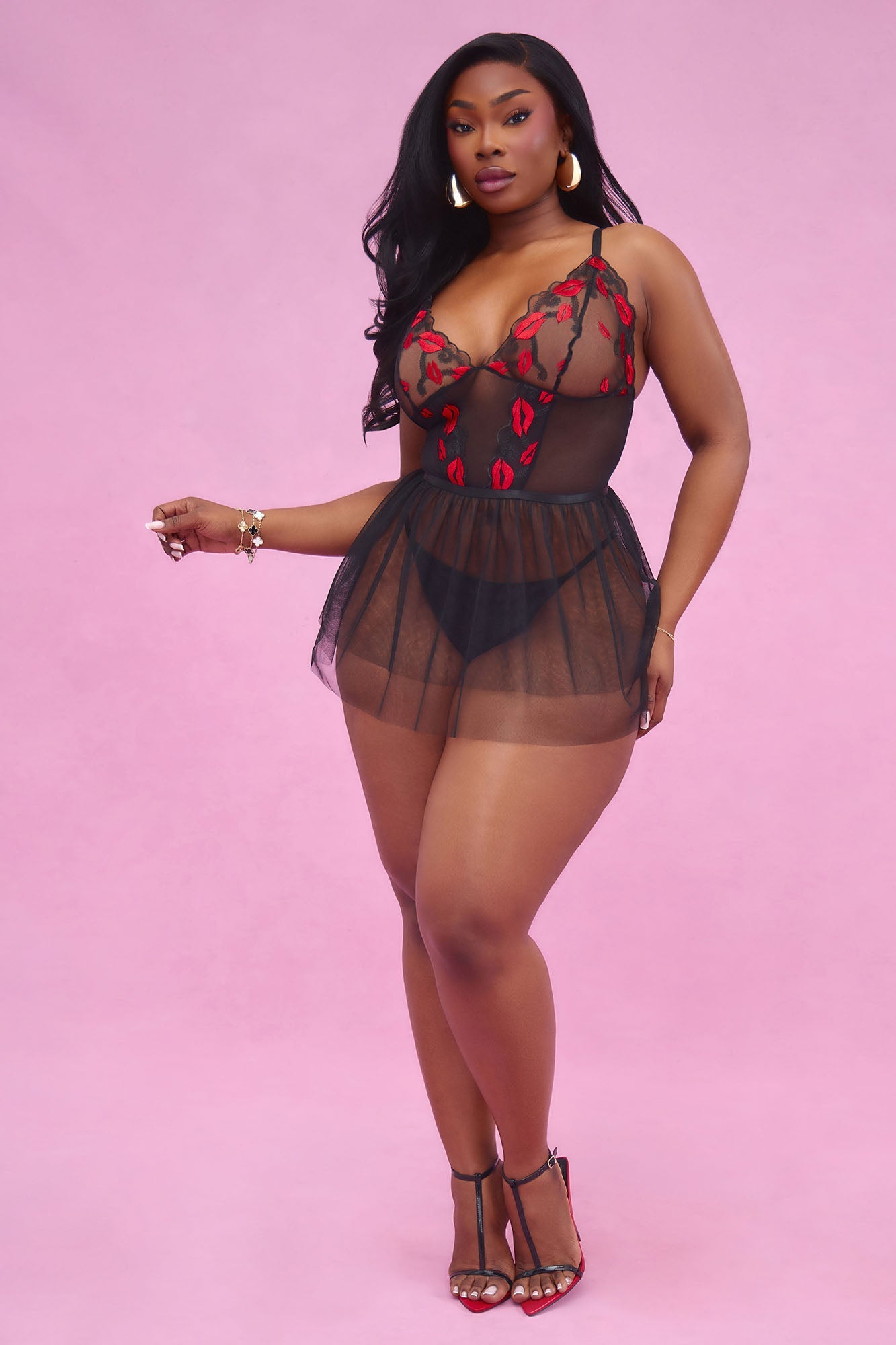 Evelyn Kiss Kiss Lace Babydoll - Black/Red