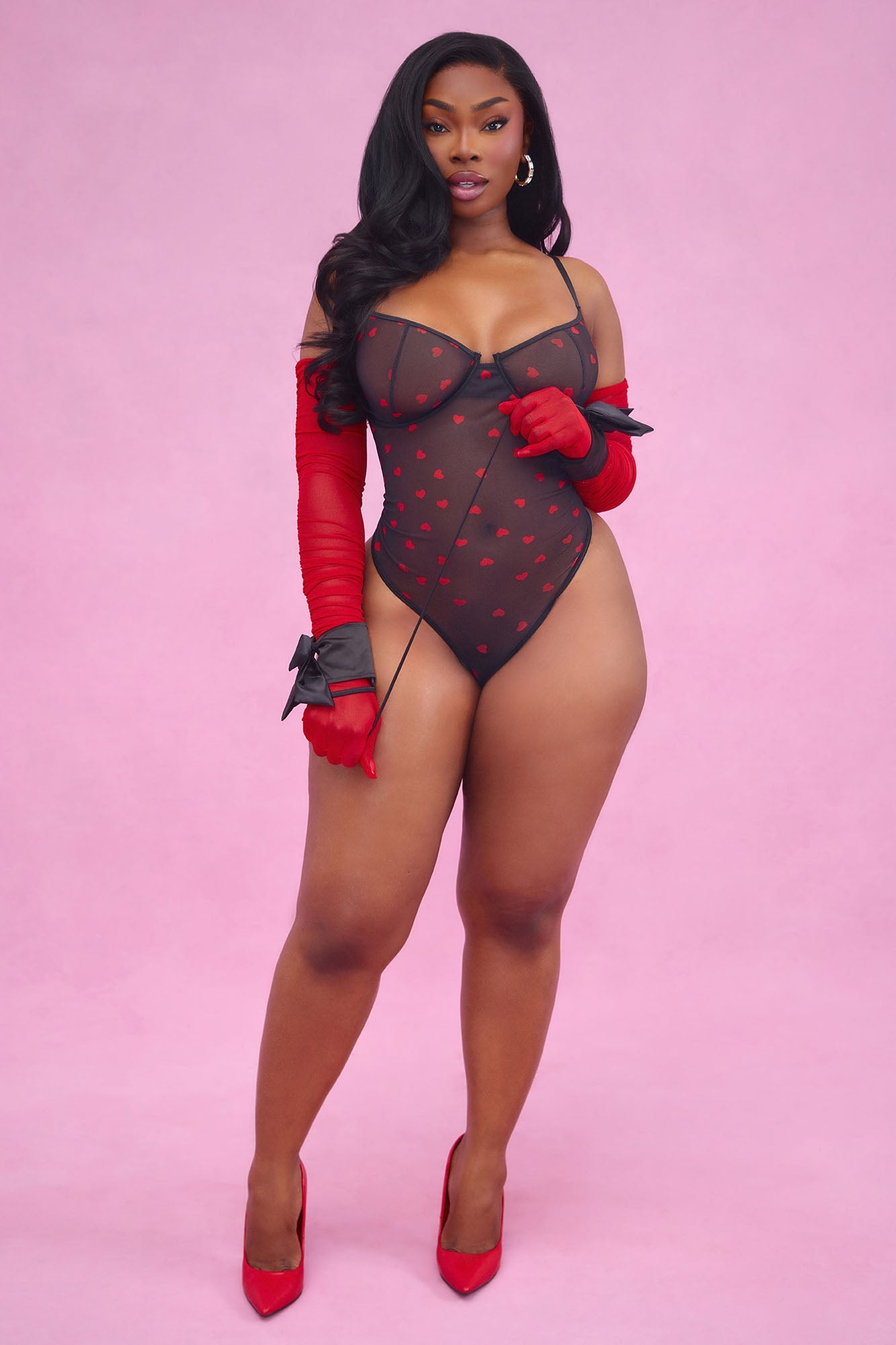 Kim Heart Throb Mesh Teddy & Cuff Set - Black/Red