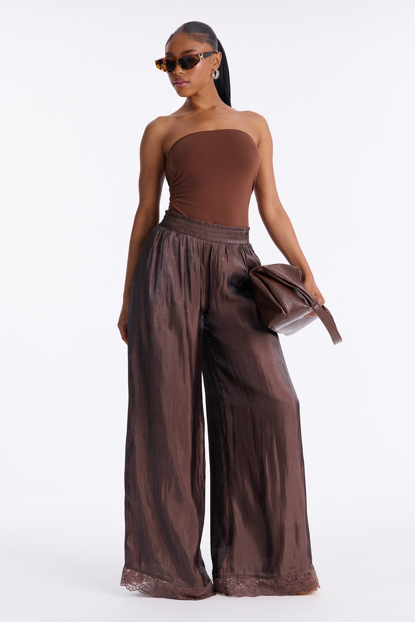 Miriam Satin Lace Trim Wide Leg Pant 32″ - Chocolate