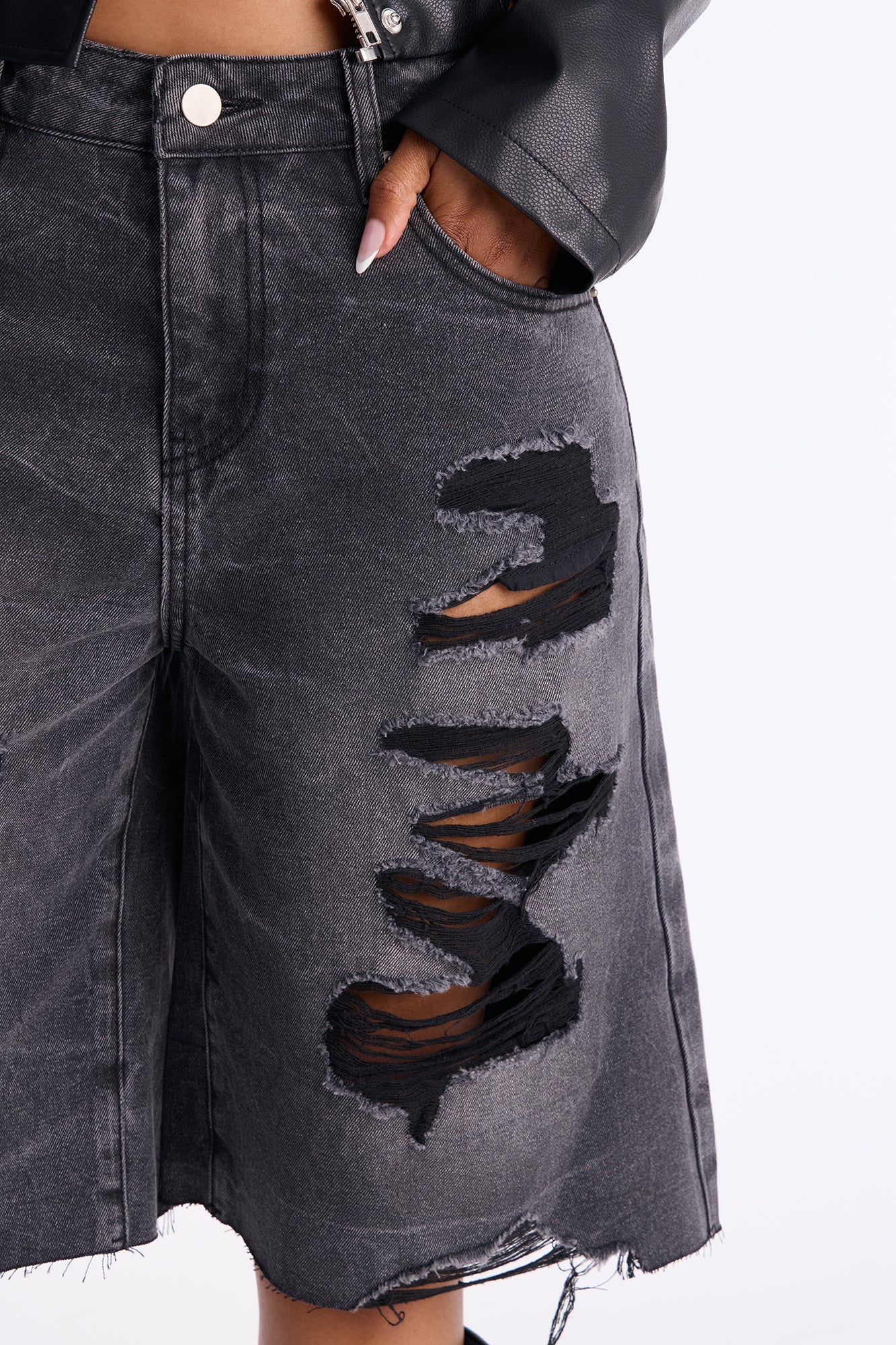 Watch Me Go Ripped Denim Shorts - Black Wash