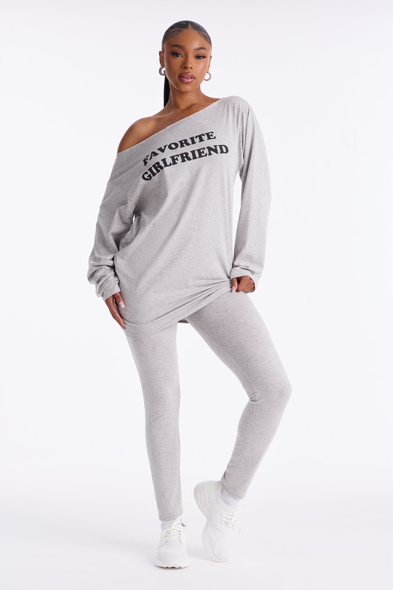 Favorite Girlfriend Off Shoulder Leggings Pant Set - Heather Grey