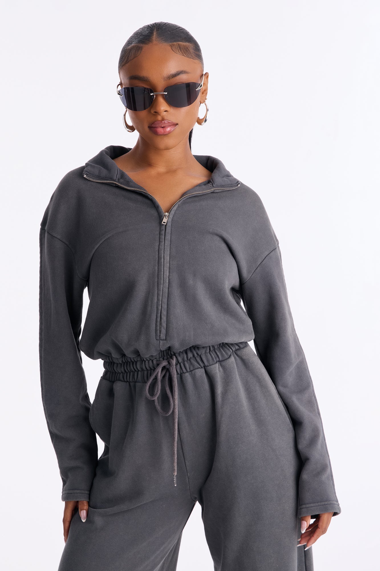 Busy Schedule Washed French Terry Jumpsuit - Charcoal