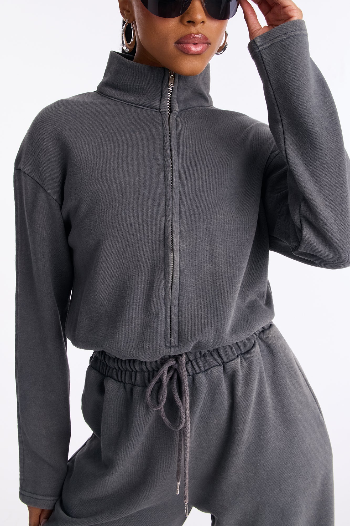 Busy Schedule Washed French Terry Jumpsuit - Charcoal