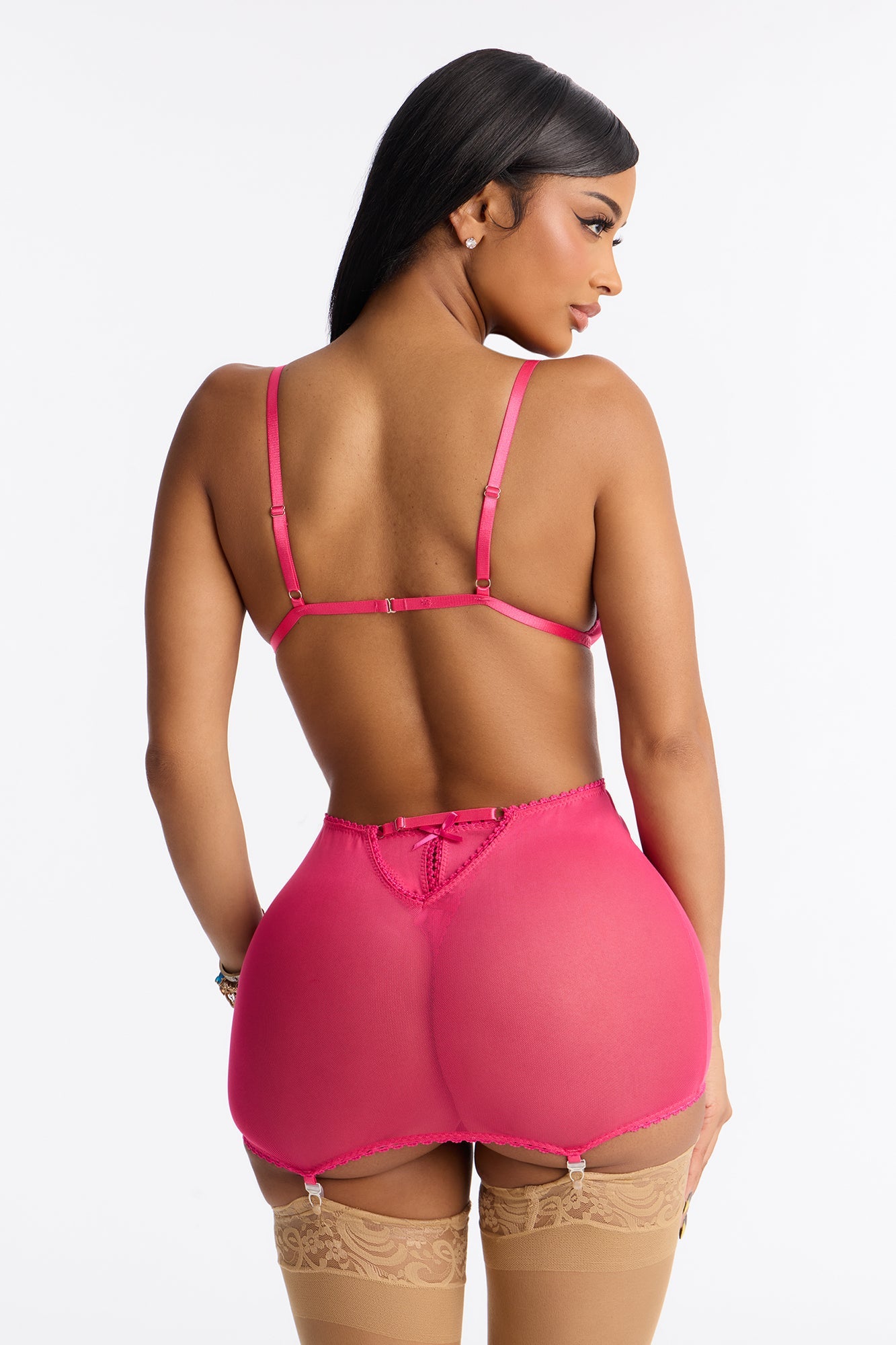 Carly 3 Piece Mesh Bra And Skirt Panty Set - Fuchsia