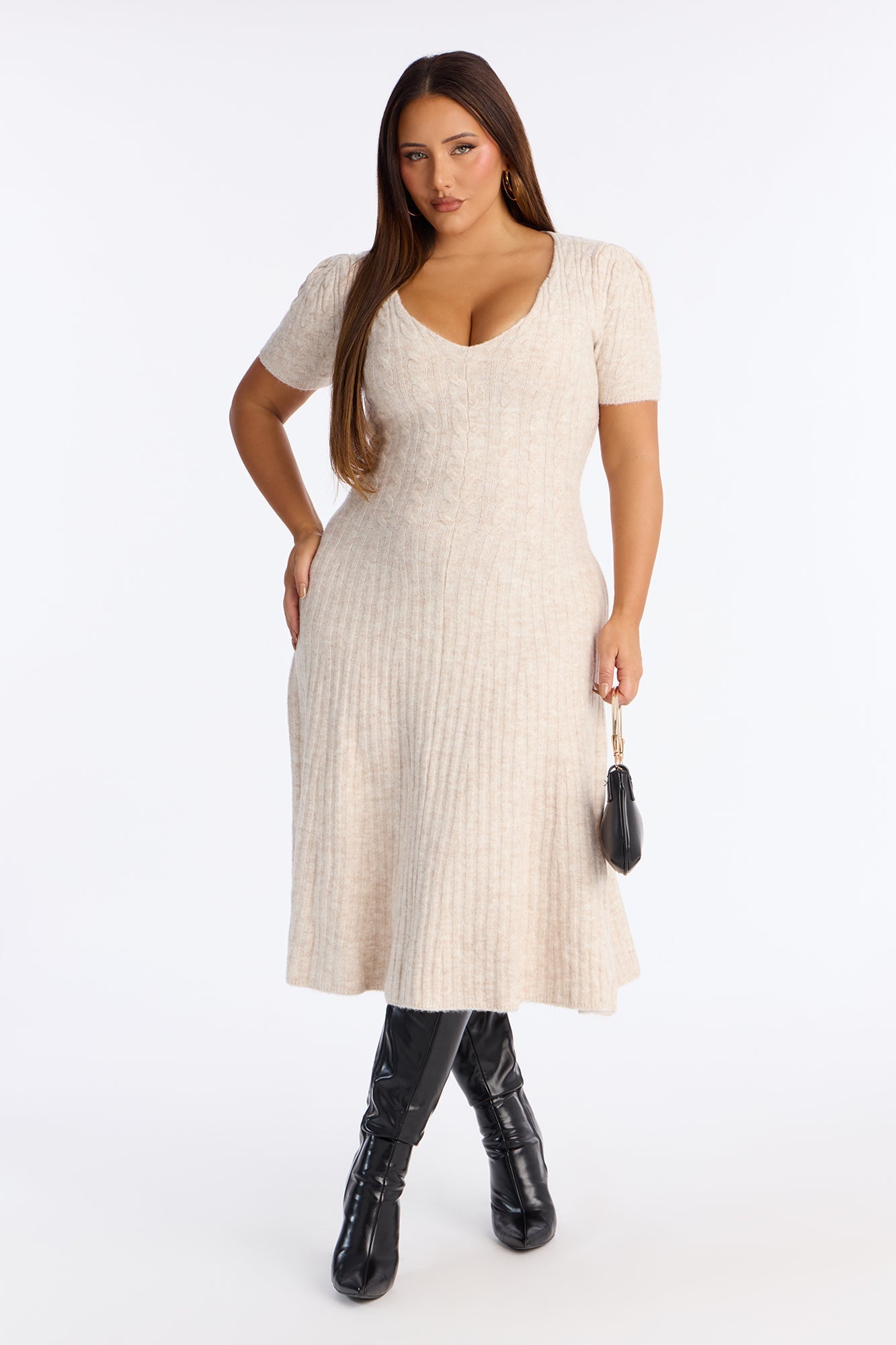 Tyra Cable Knit Sweater Midi Dress - Cream