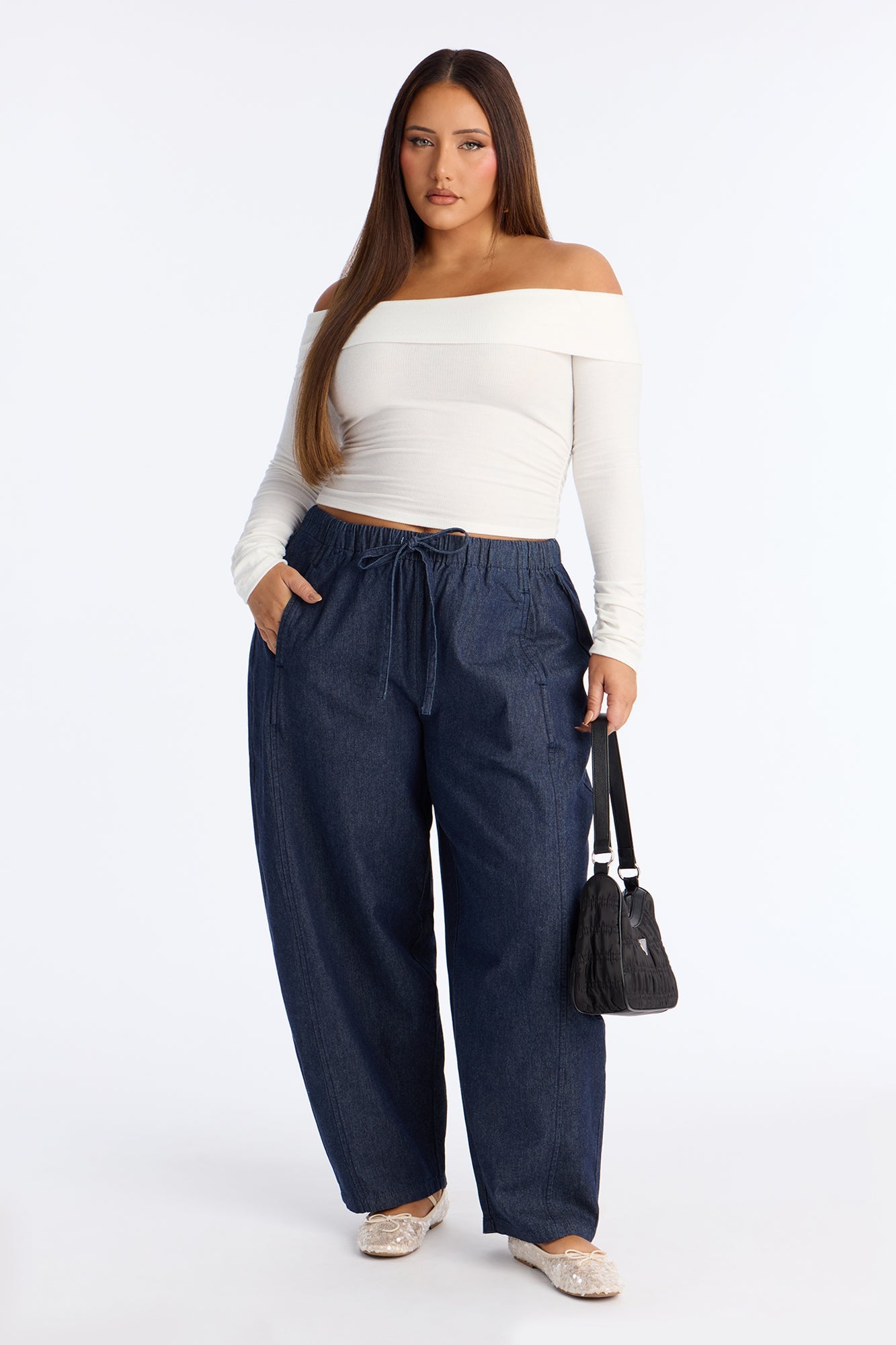 Travel Easy Waist Loose Barrel Jeans - Dark Wash