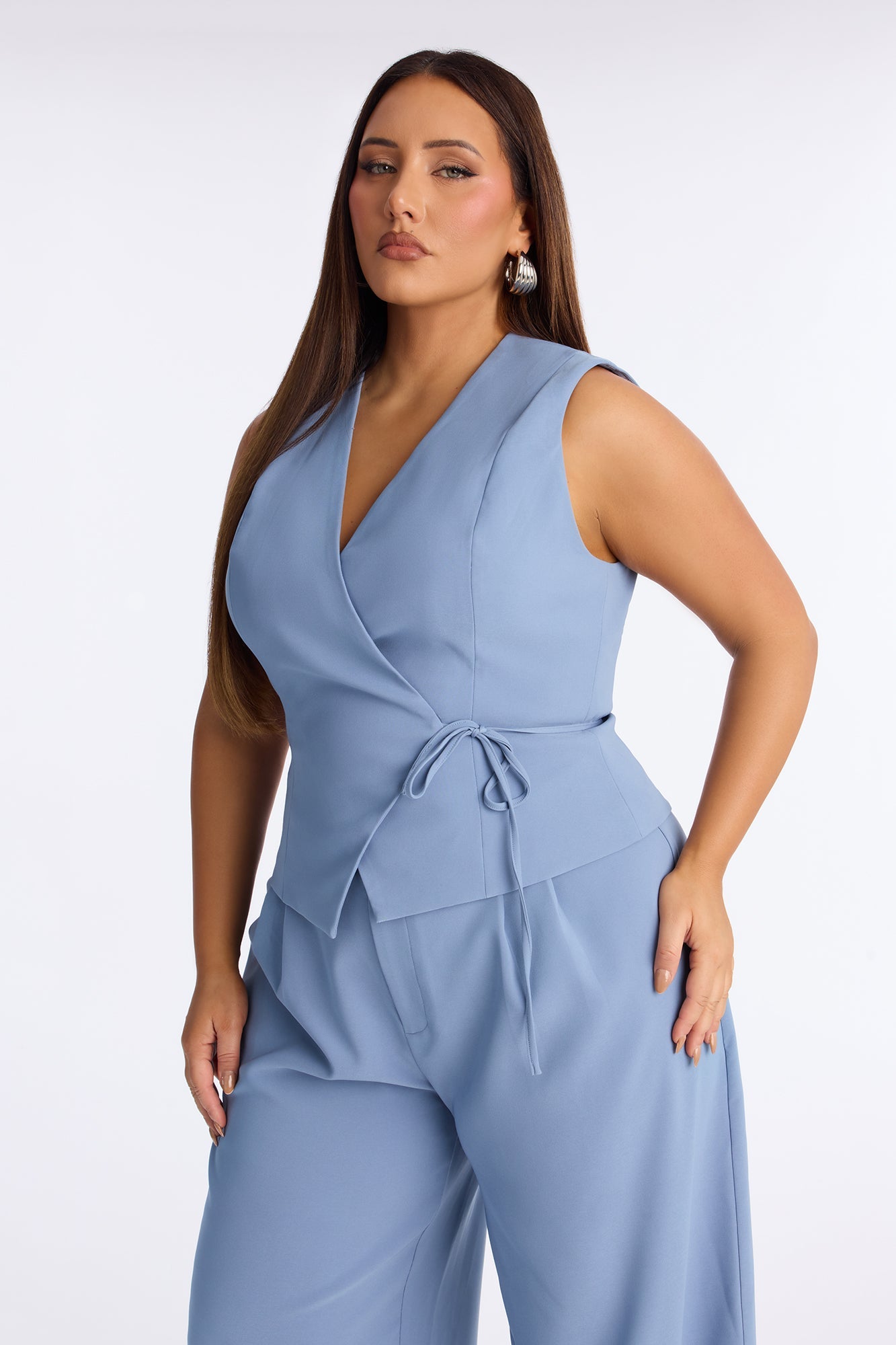 Cailey Contrast Trim Tie Front Wide Leg Jumpsuit - Blue