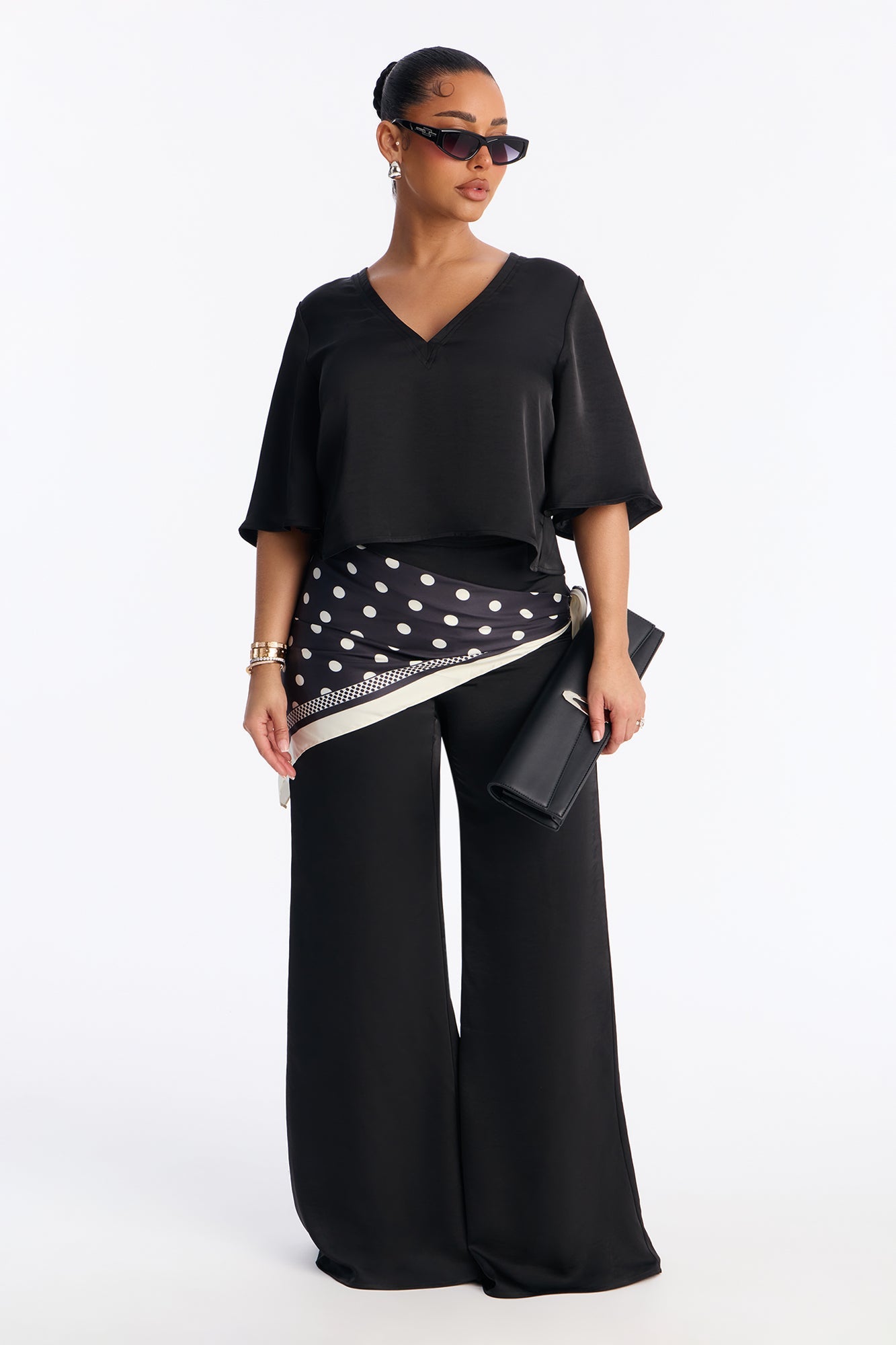Shay Satin 3 Piece Scarf Pant Set - Black