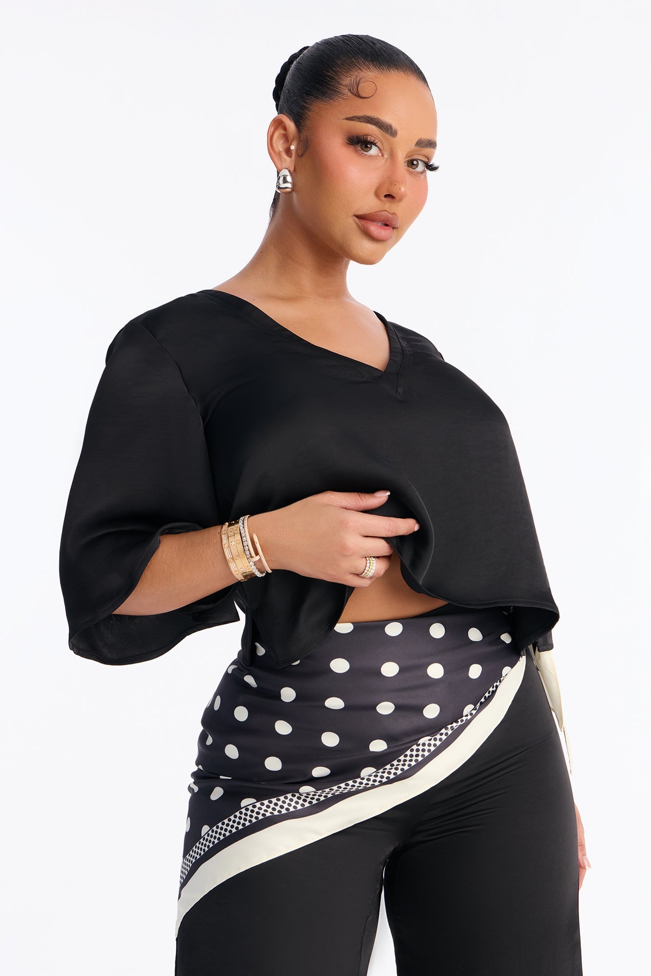 Shay Satin 3 Piece Scarf Pant Set - Black
