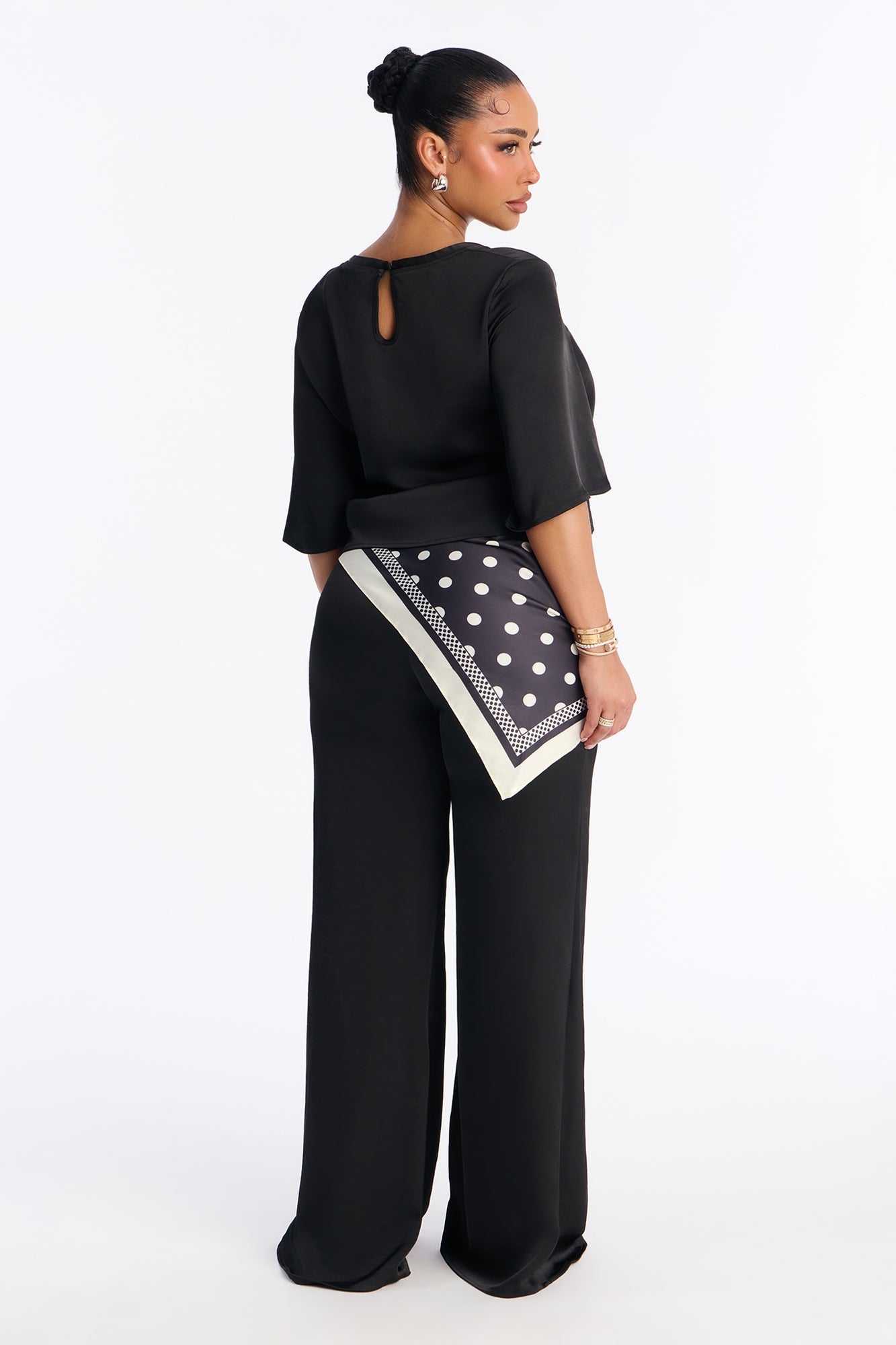 Shay Satin 3 Piece Scarf Pant Set - Black