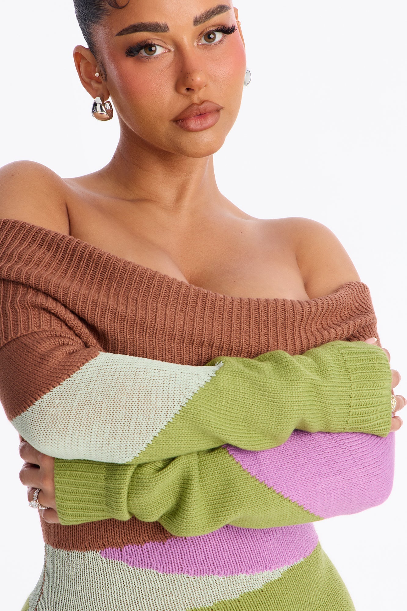 Shayna Off Shoulder Sweater Maxi Dress - Green/combo
