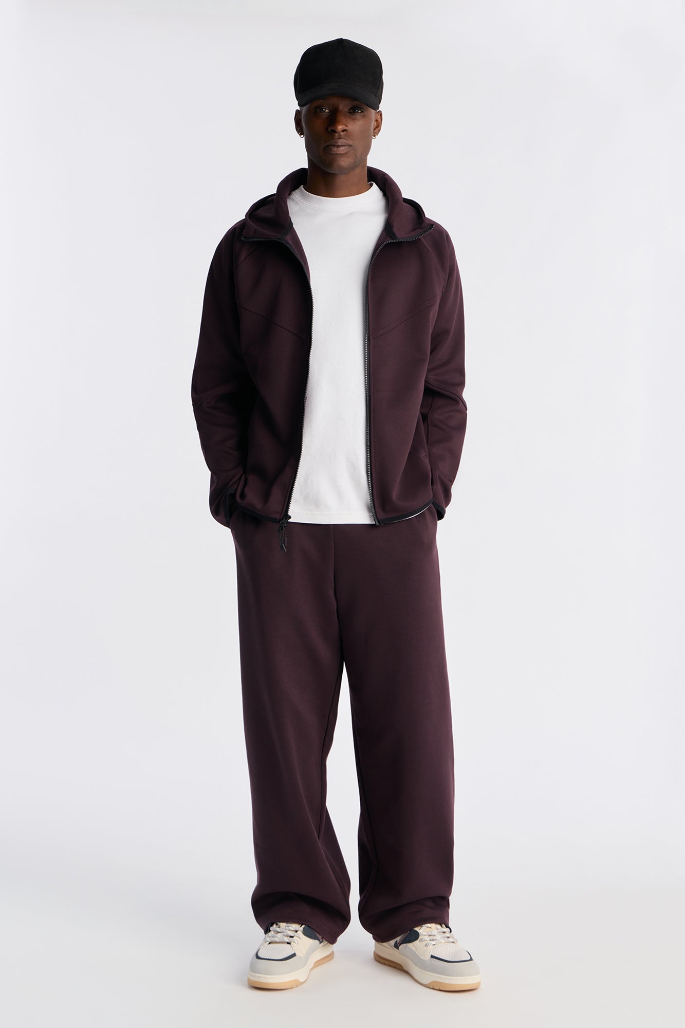 Structured Paneled Fleece Zip UP Hoodie - Plum