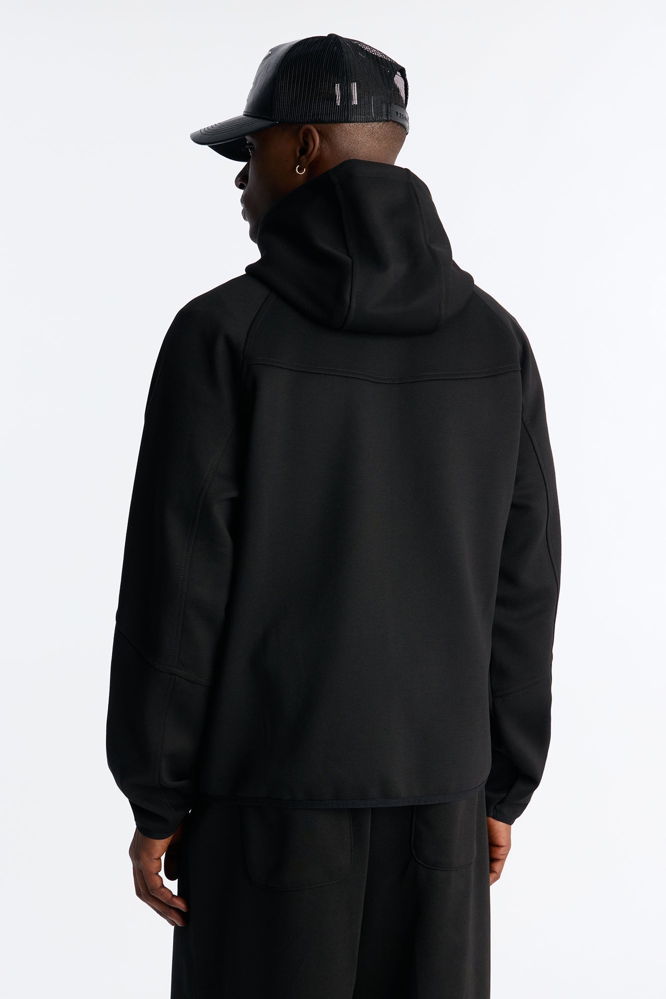 Structured Paneled Fleece Zip Up Hoodie - Black