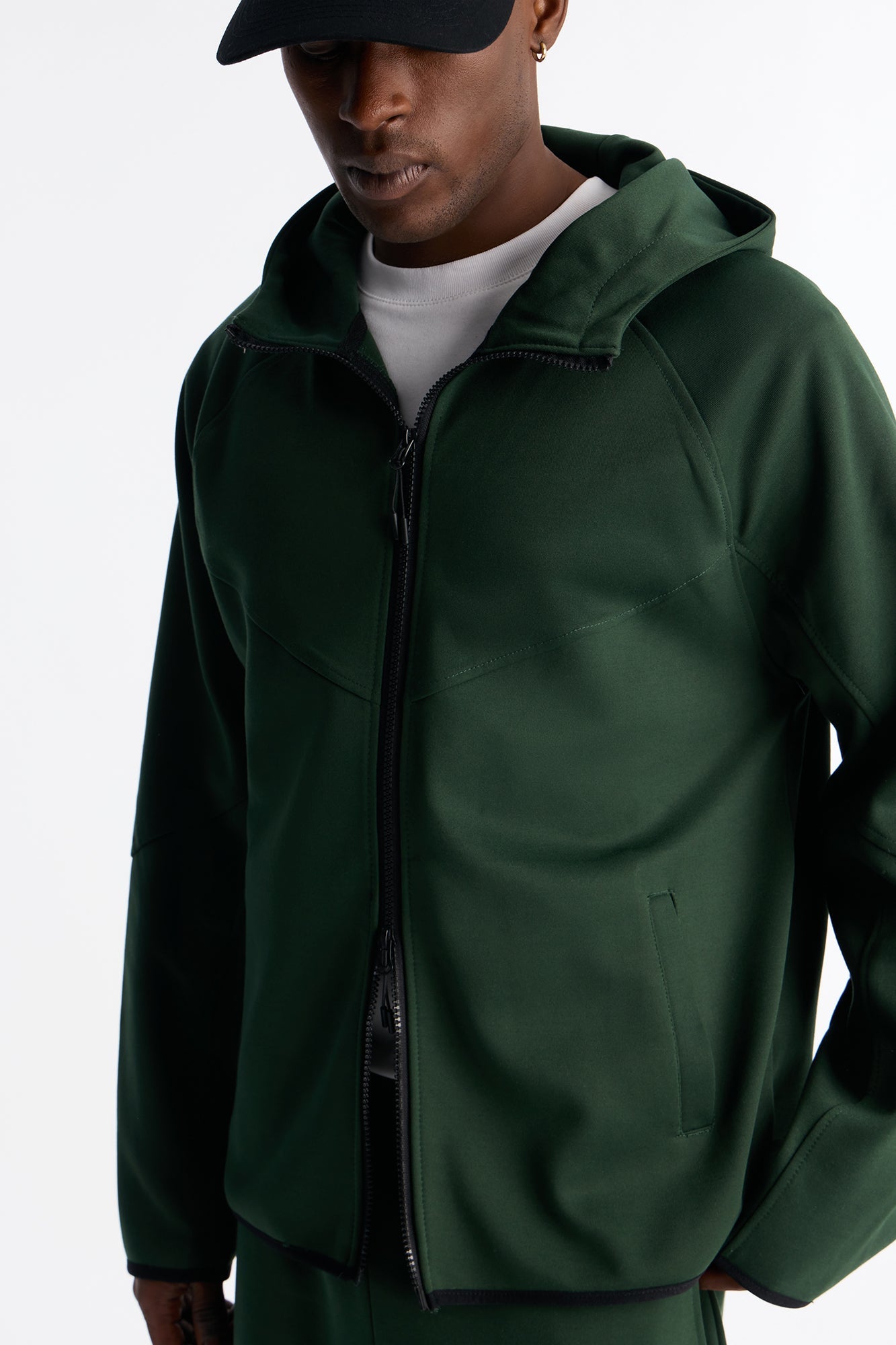Structured Paneled Fleece Zip Up Hoodie - Green
