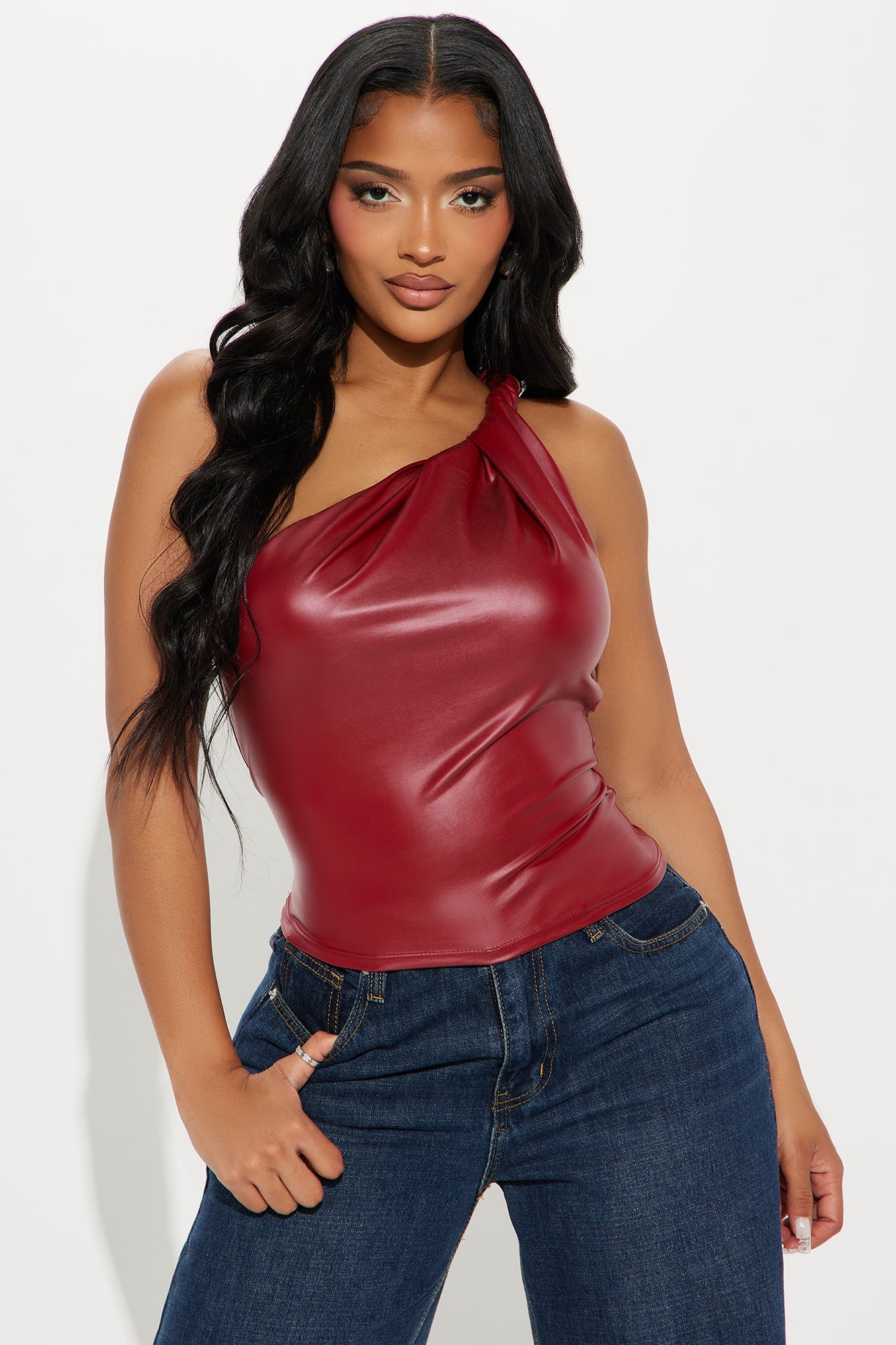 Fable Faux Leather One Shoulder Top - Burgundy