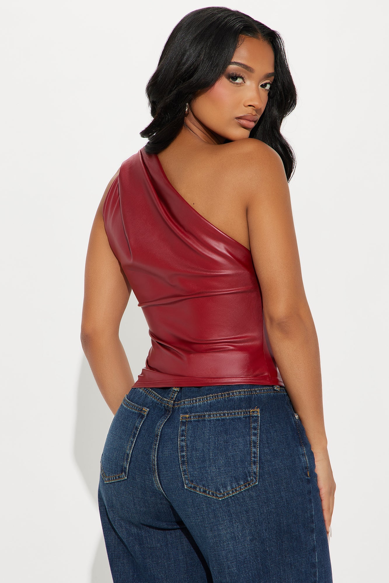 Fable Faux Leather One Shoulder Top - Burgundy