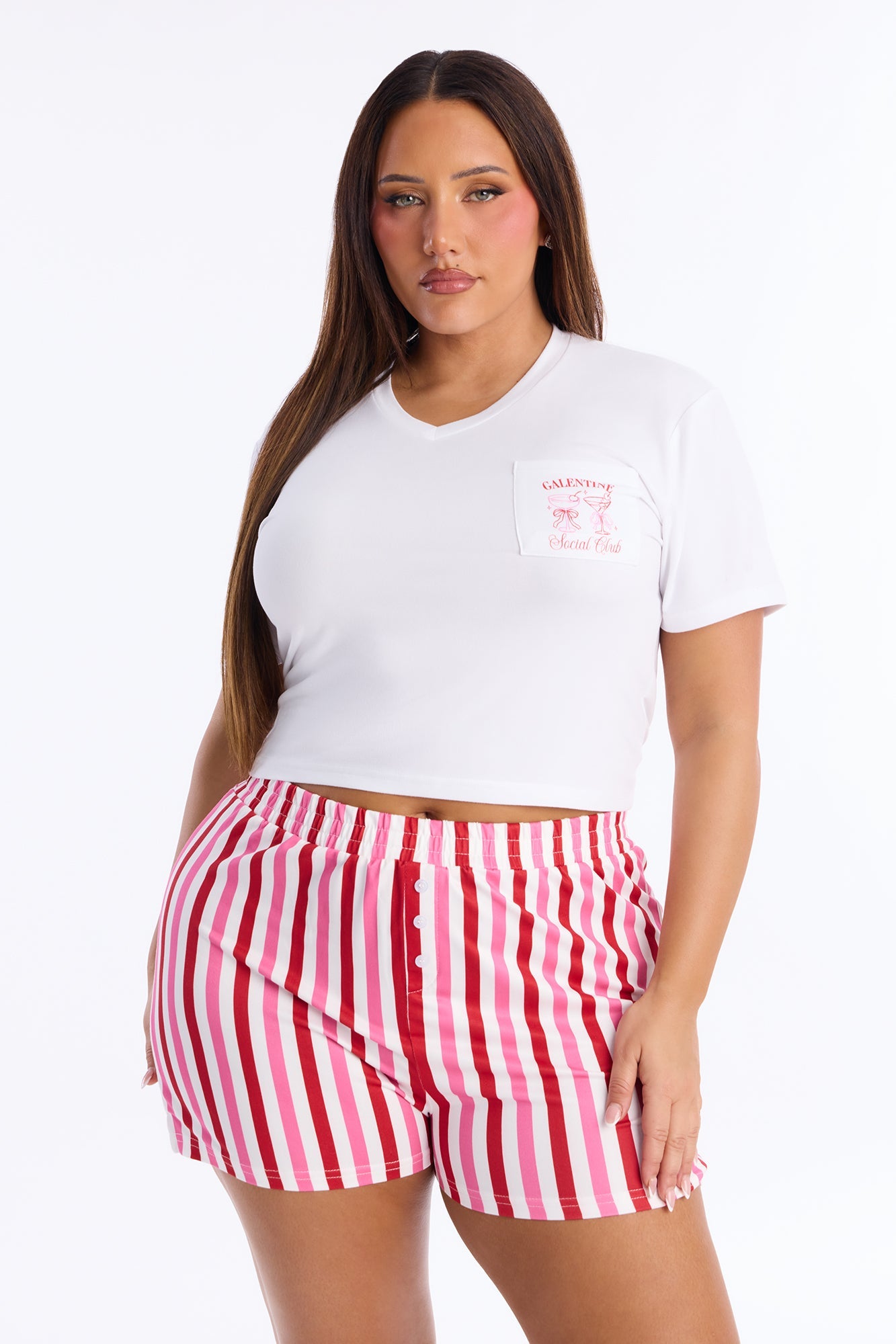 Galentine Social Club Short Sleeve PJ Boxer Short Set - White/Pink