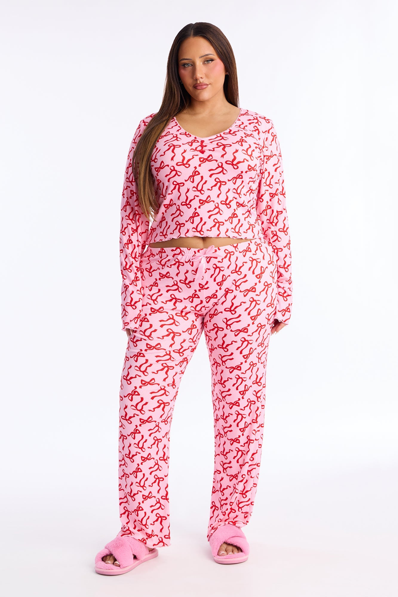 What A Cutie Pointelle Long Sleeve PJ Pant Set - Hot Pink/combo
