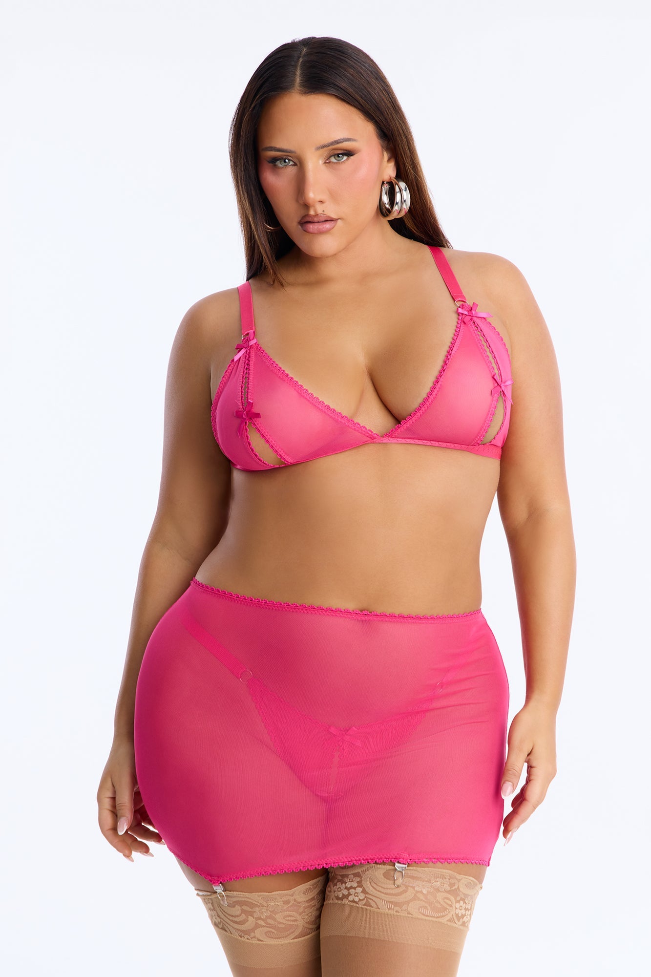 Carly 3 Piece Mesh Bra And Skirt Panty Set - Fuchsia