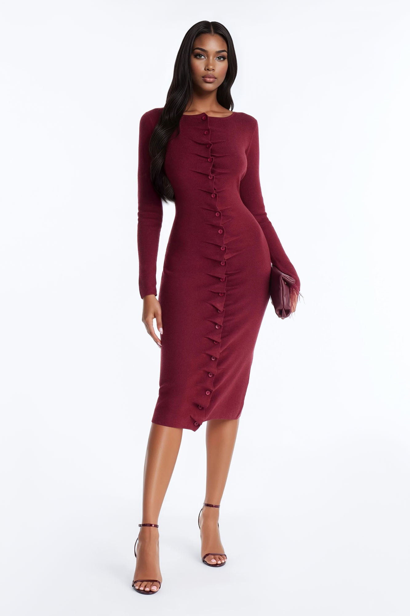 Jaime Sweater Button Up Midi Dress - Burgundy