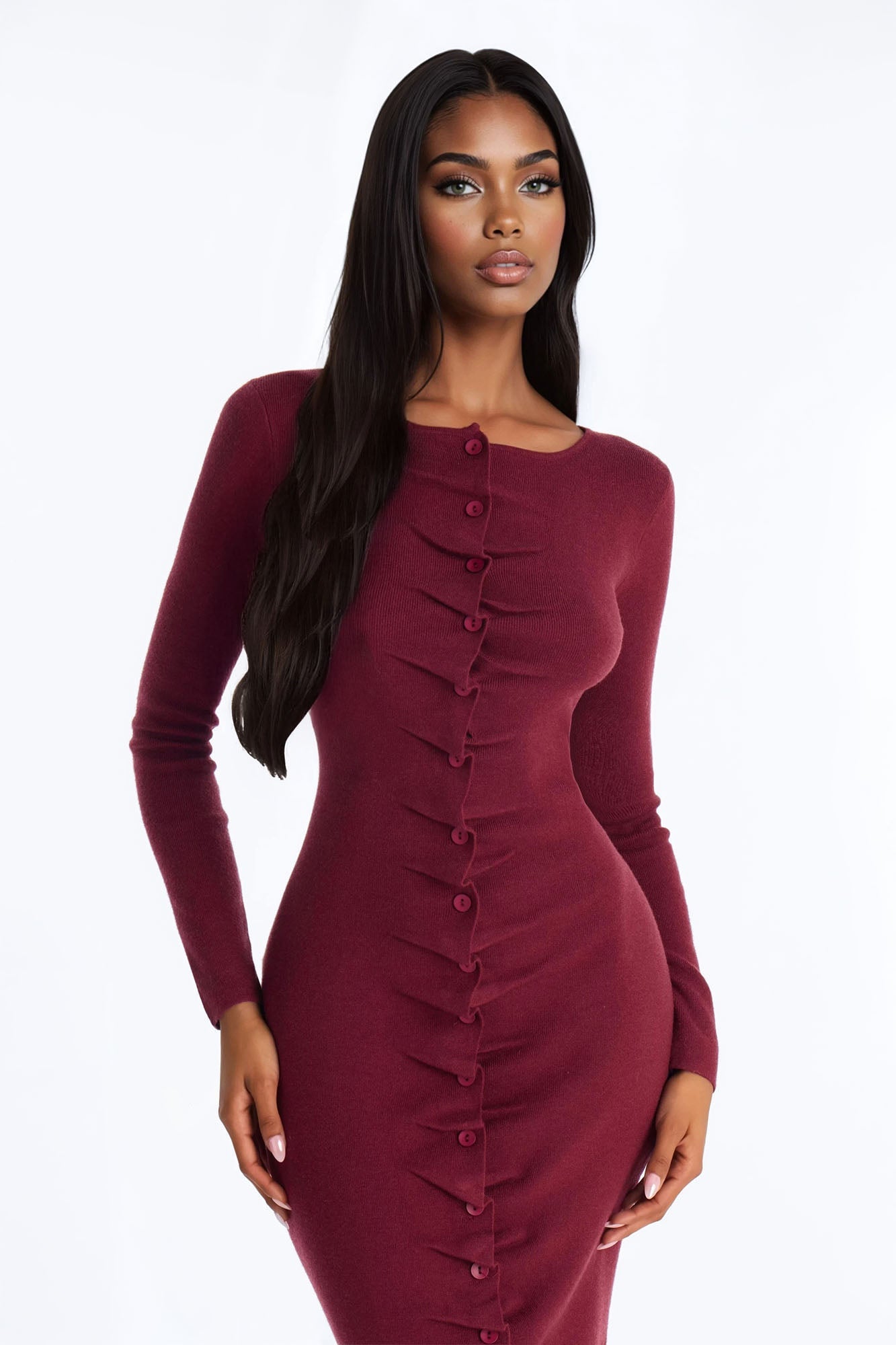 Jaime Sweater Button Up Midi Dress - Burgundy