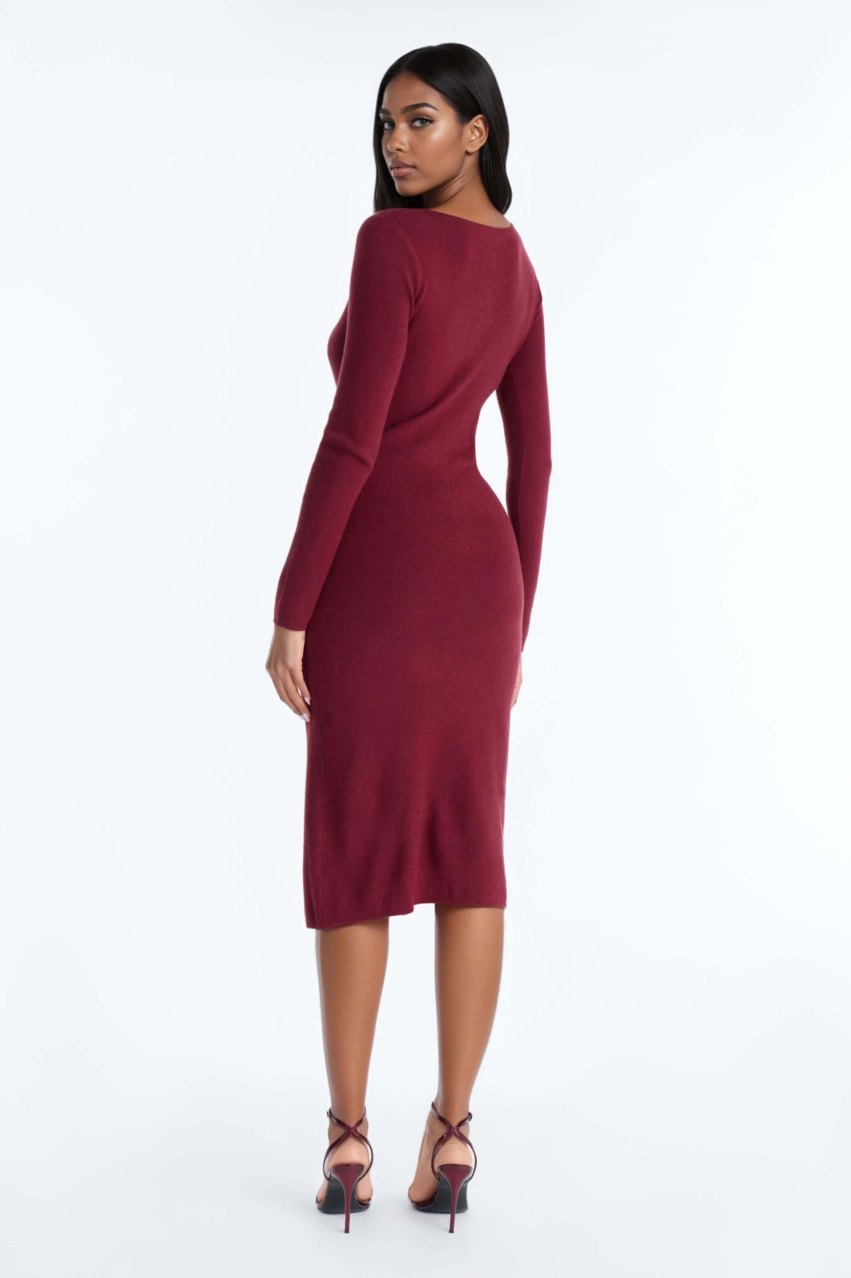 Jaime Sweater Button Up Midi Dress - Burgundy