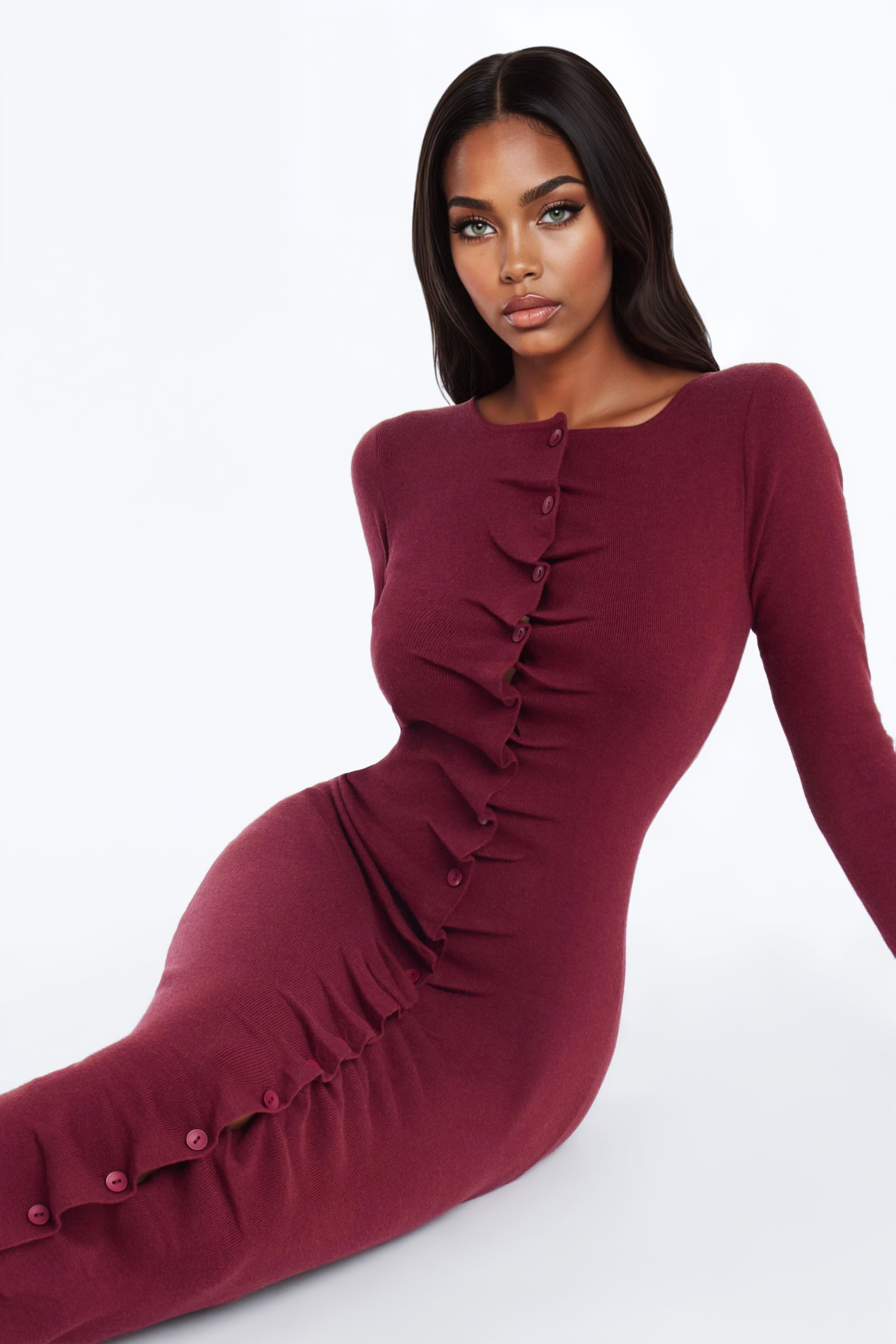 Jaime Sweater Button Up Midi Dress - Burgundy