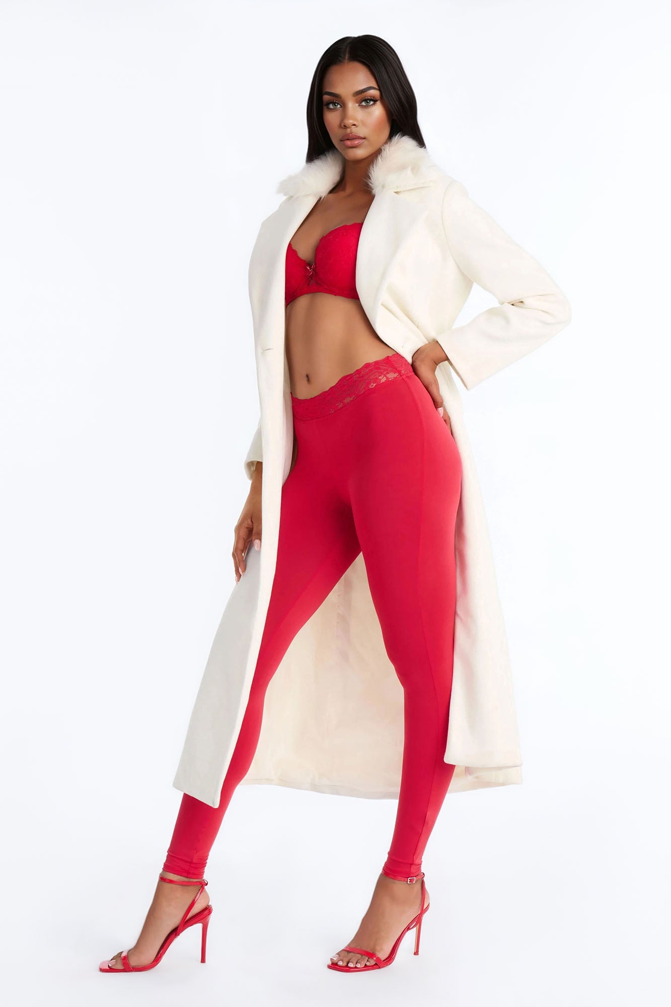 Adalynn High Waisted Lace Trim Legging 29″ - Red