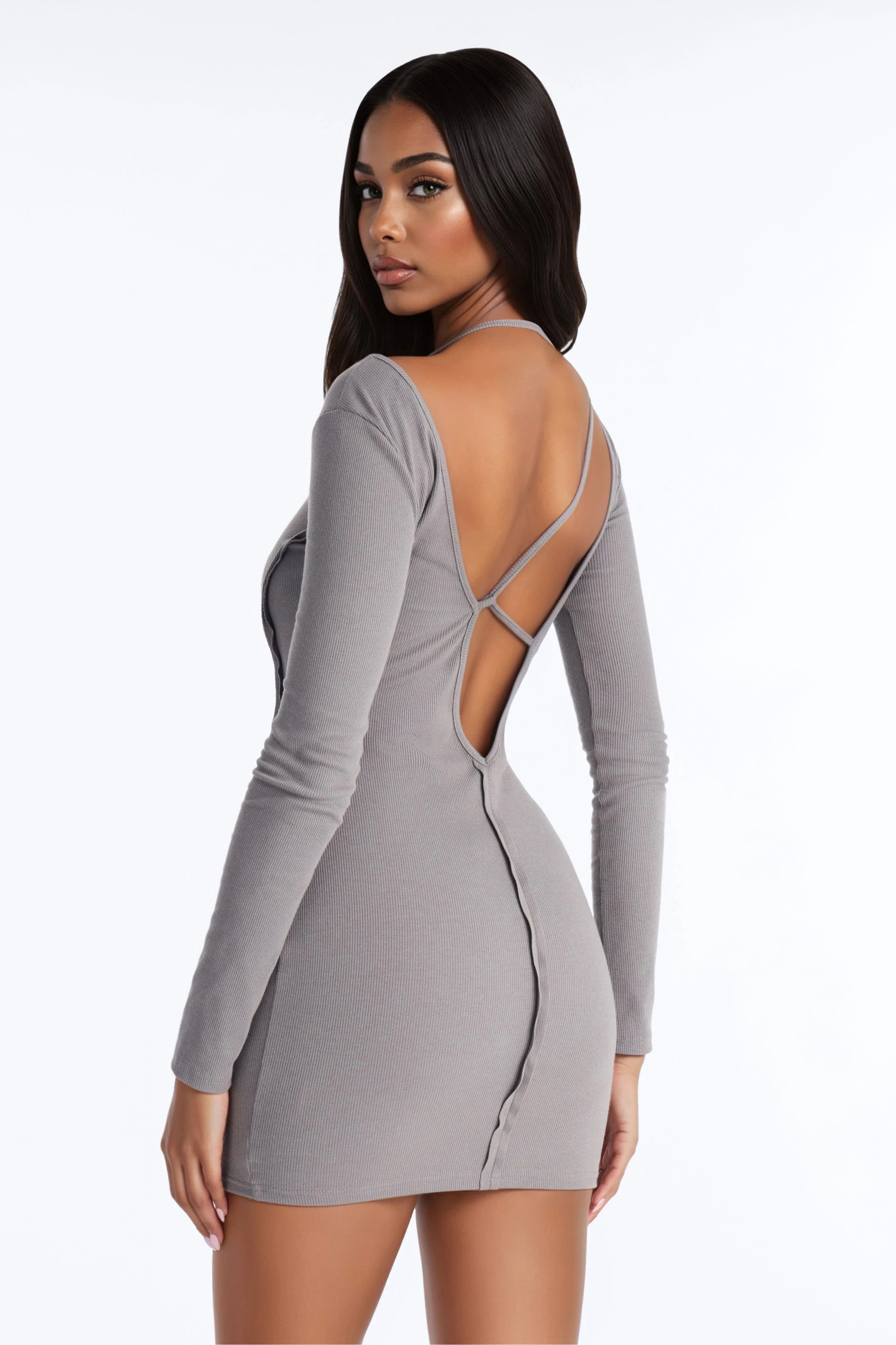 Celeste Long Sleeve Ribbed Mini Dress - Grey