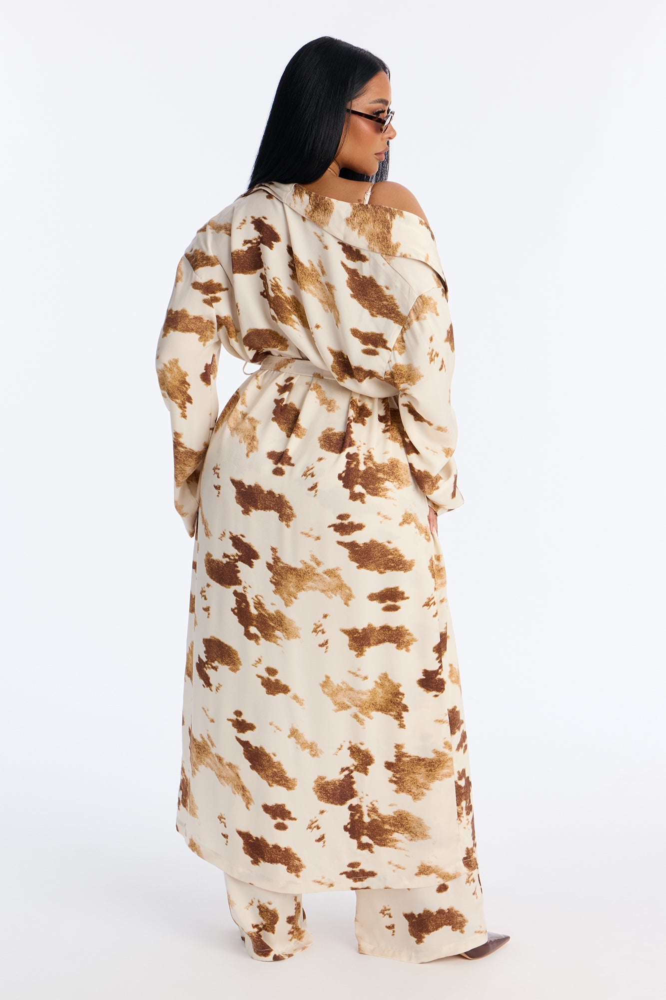 Mood Setter Satin Cow Print 3 Piece Pant Set - Cream/combo