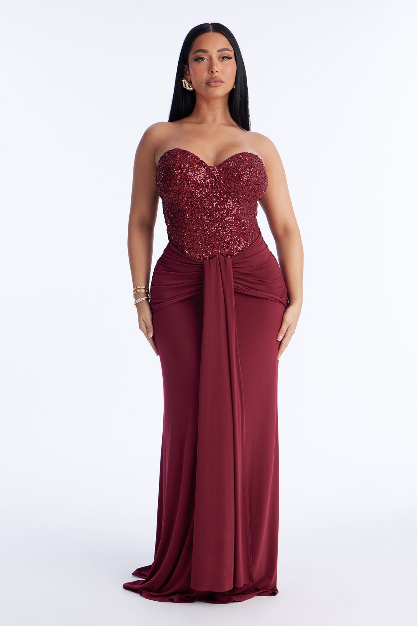 Dream Girl Draped Sequin Gown - Burgundy