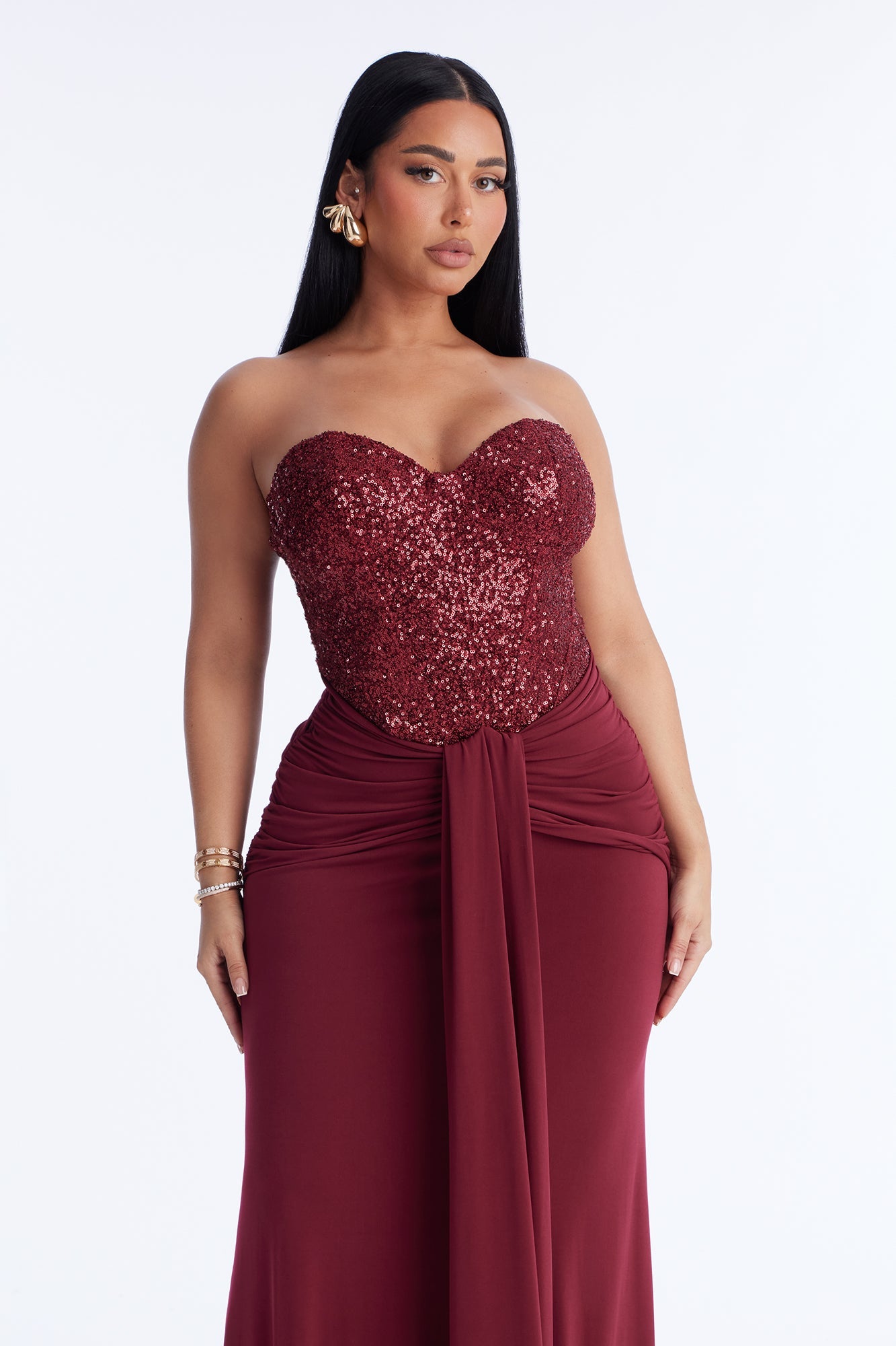 Dream Girl Draped Sequin Gown - Burgundy