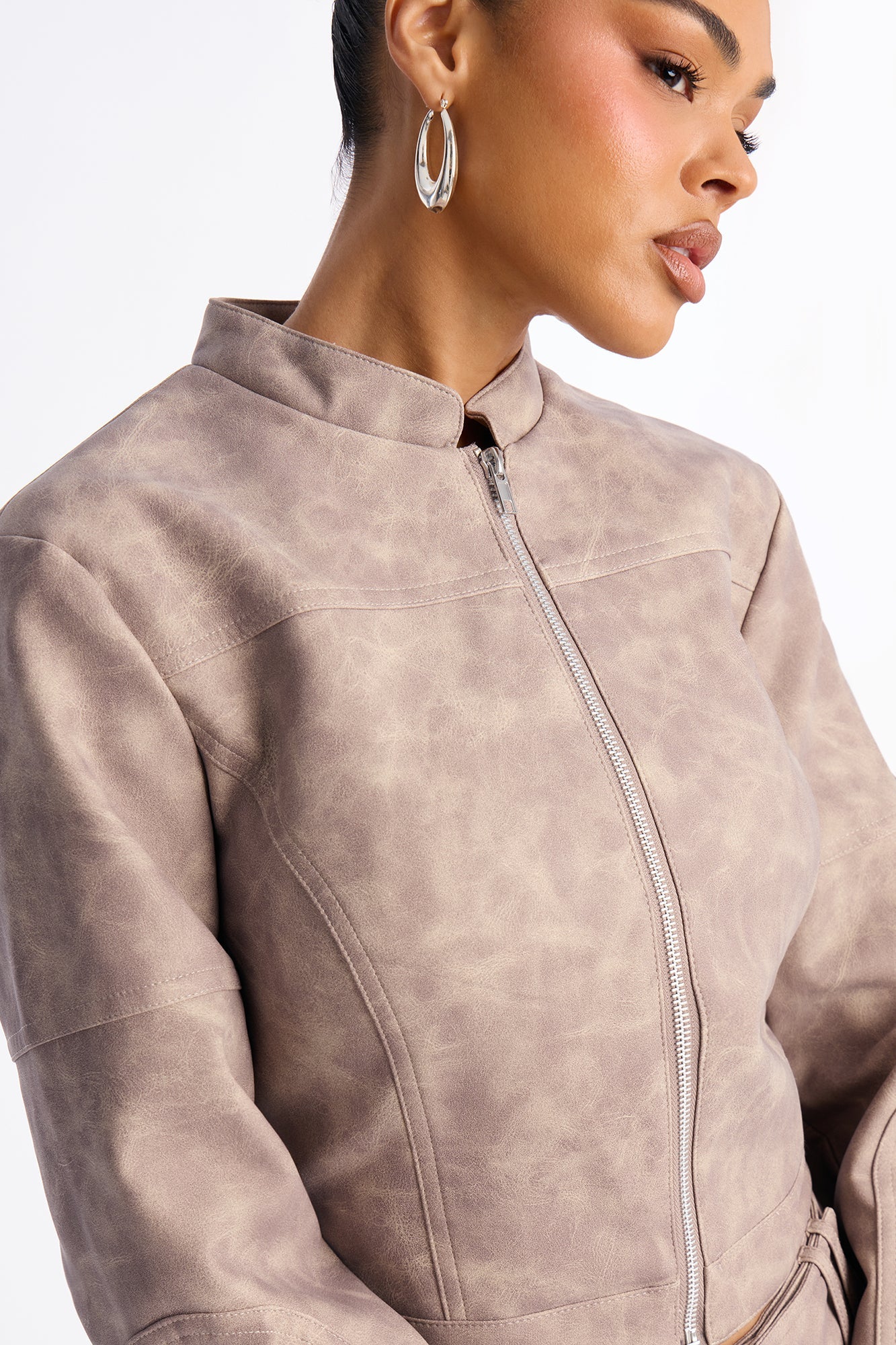 Simone Washed Faux Leather Jacket - Stone