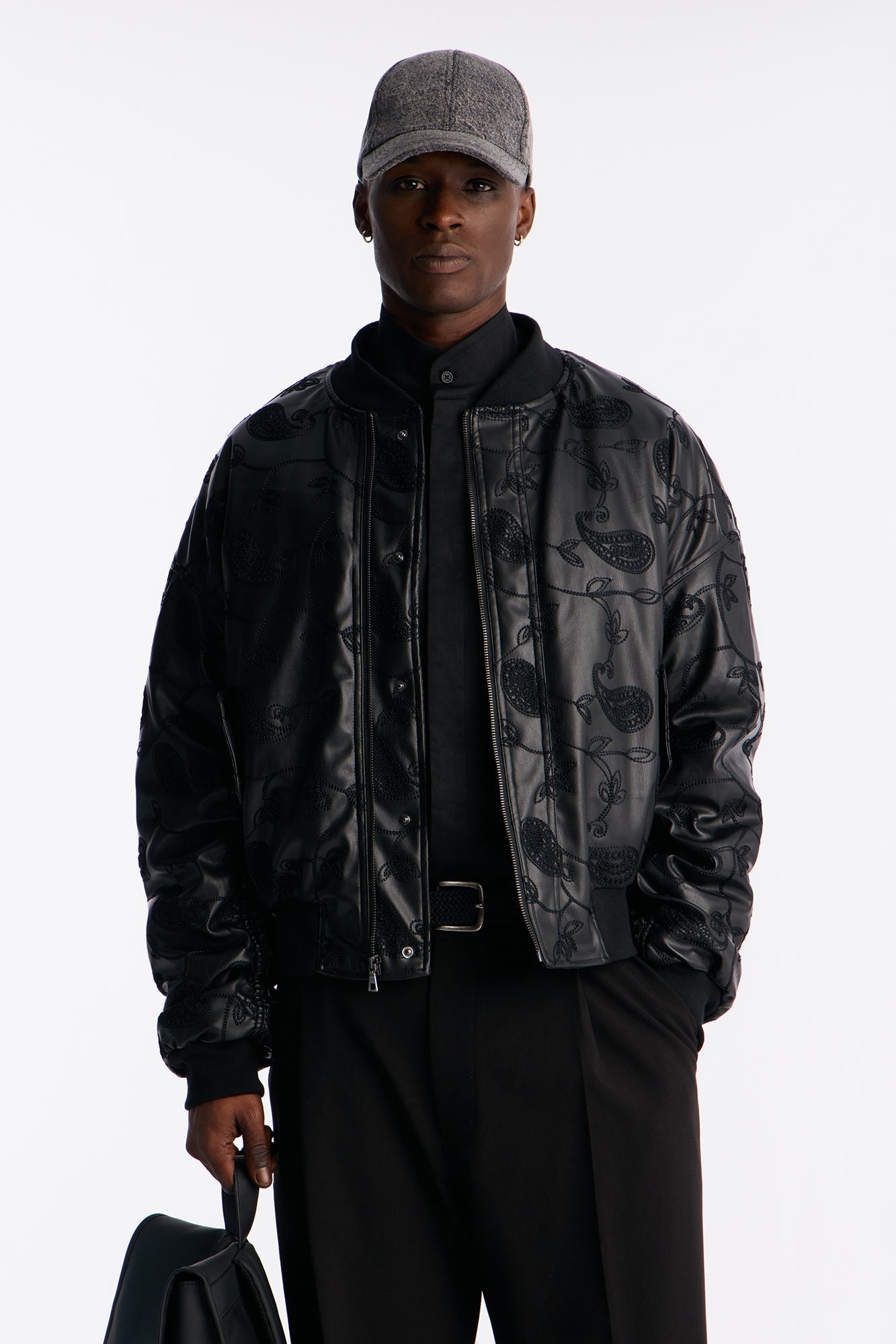 Oversized Faux Leather Paisley Embroidered Bomber Jacket - Black