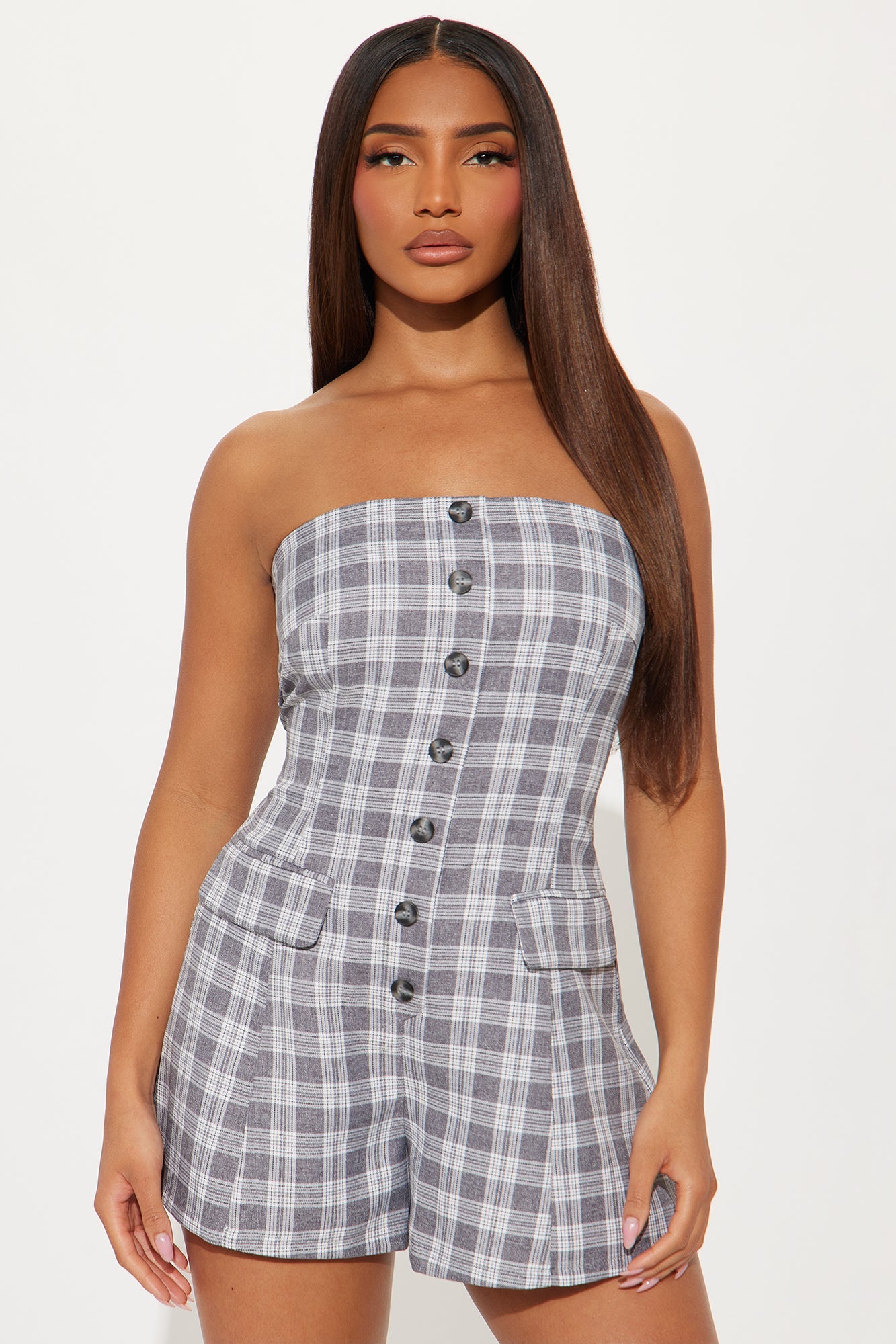 Check The Fax Blazer Romper Set - Grey/combo