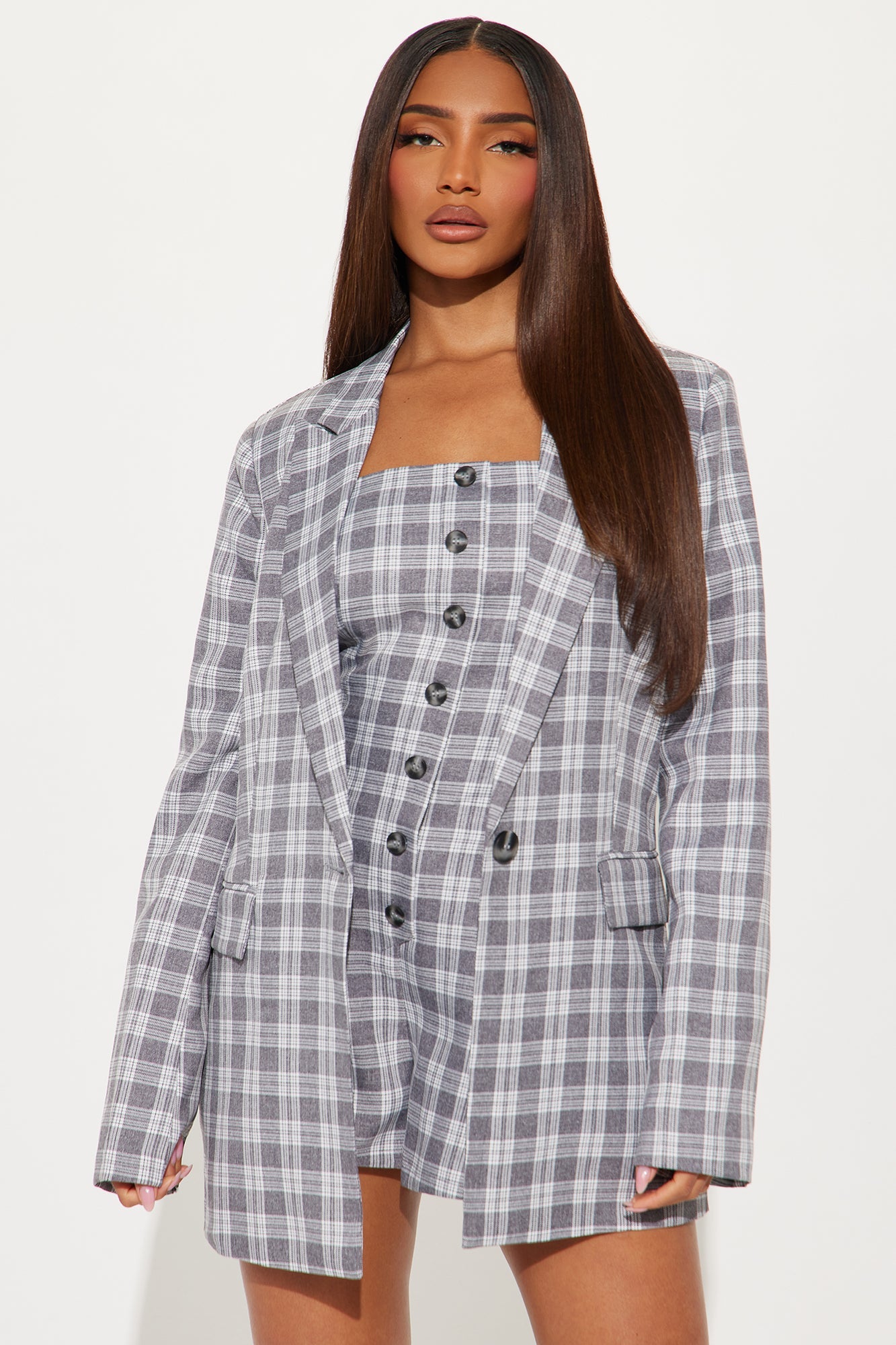 Check The Fax Blazer Romper Set - Grey/combo