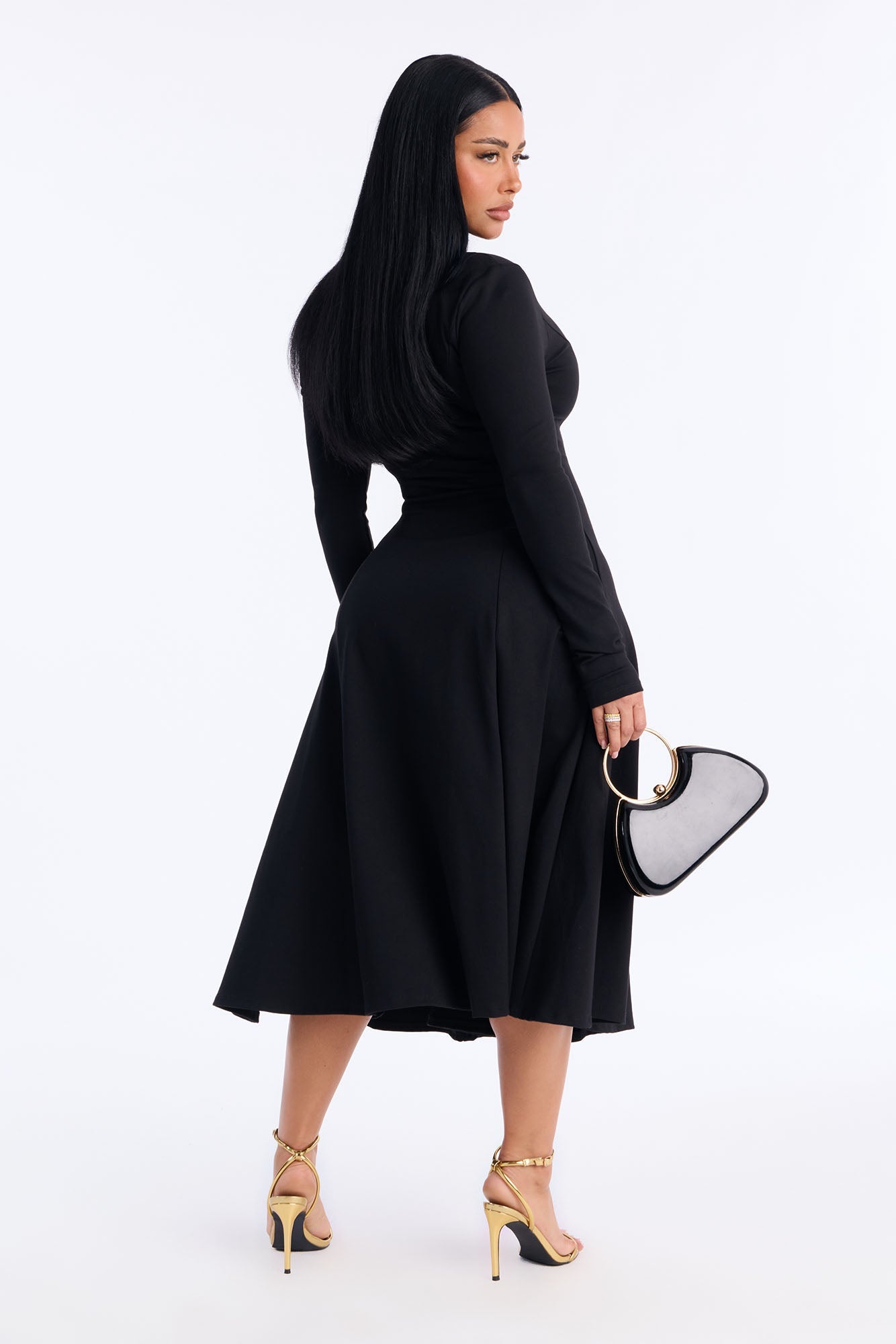 Elliana Zip Pleated Midi Dress - Black