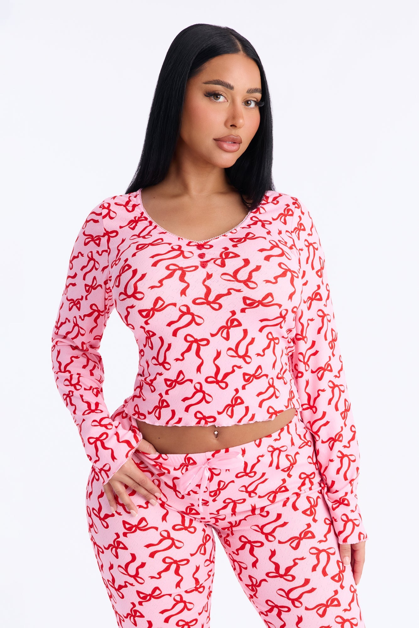 What A Cutie Pointelle Long Sleeve PJ Pant Set - Hot Pink/combo