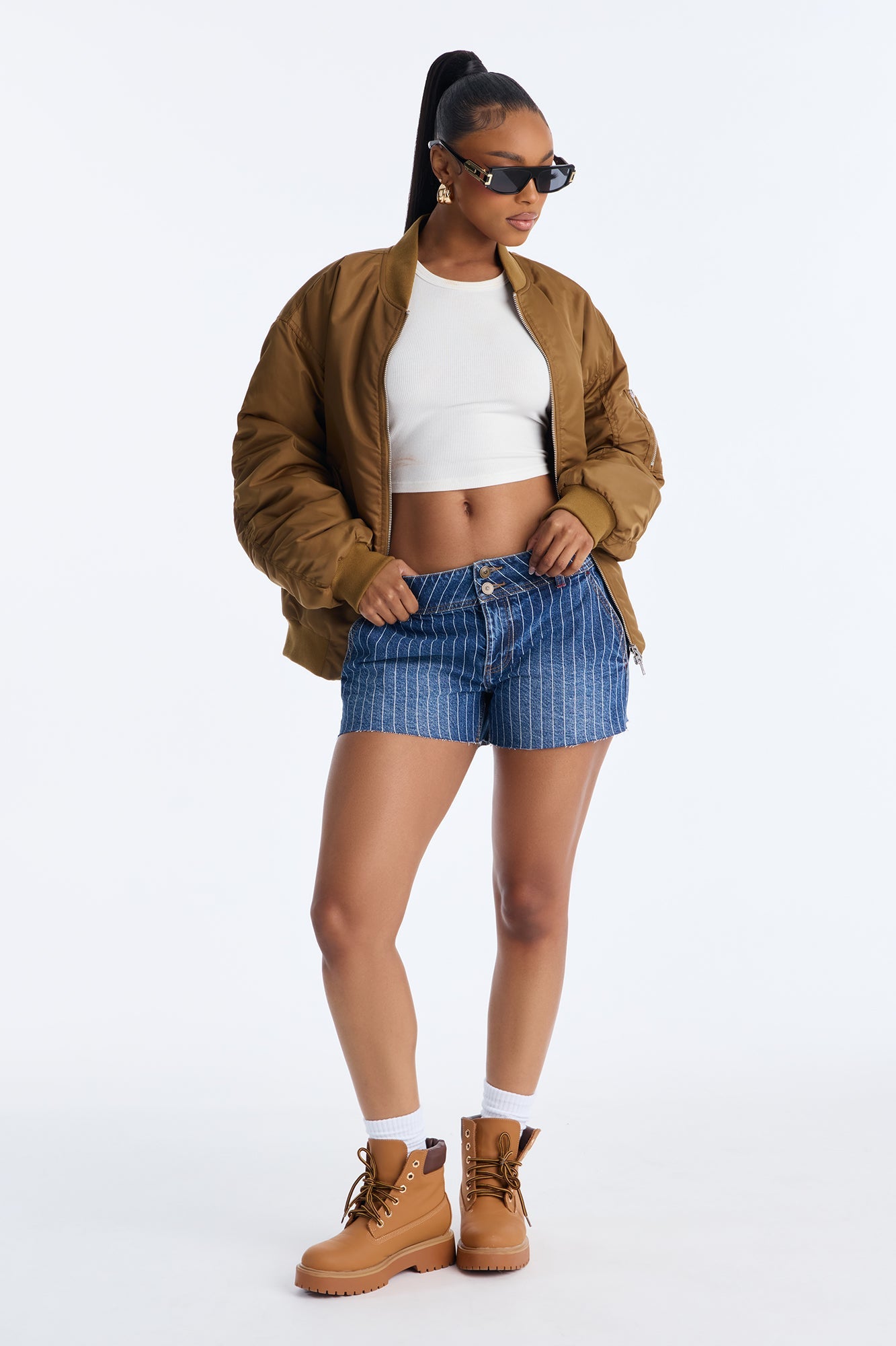 Legendary Low Waist Cut Off Striped Denim Shorts - Dark Wash