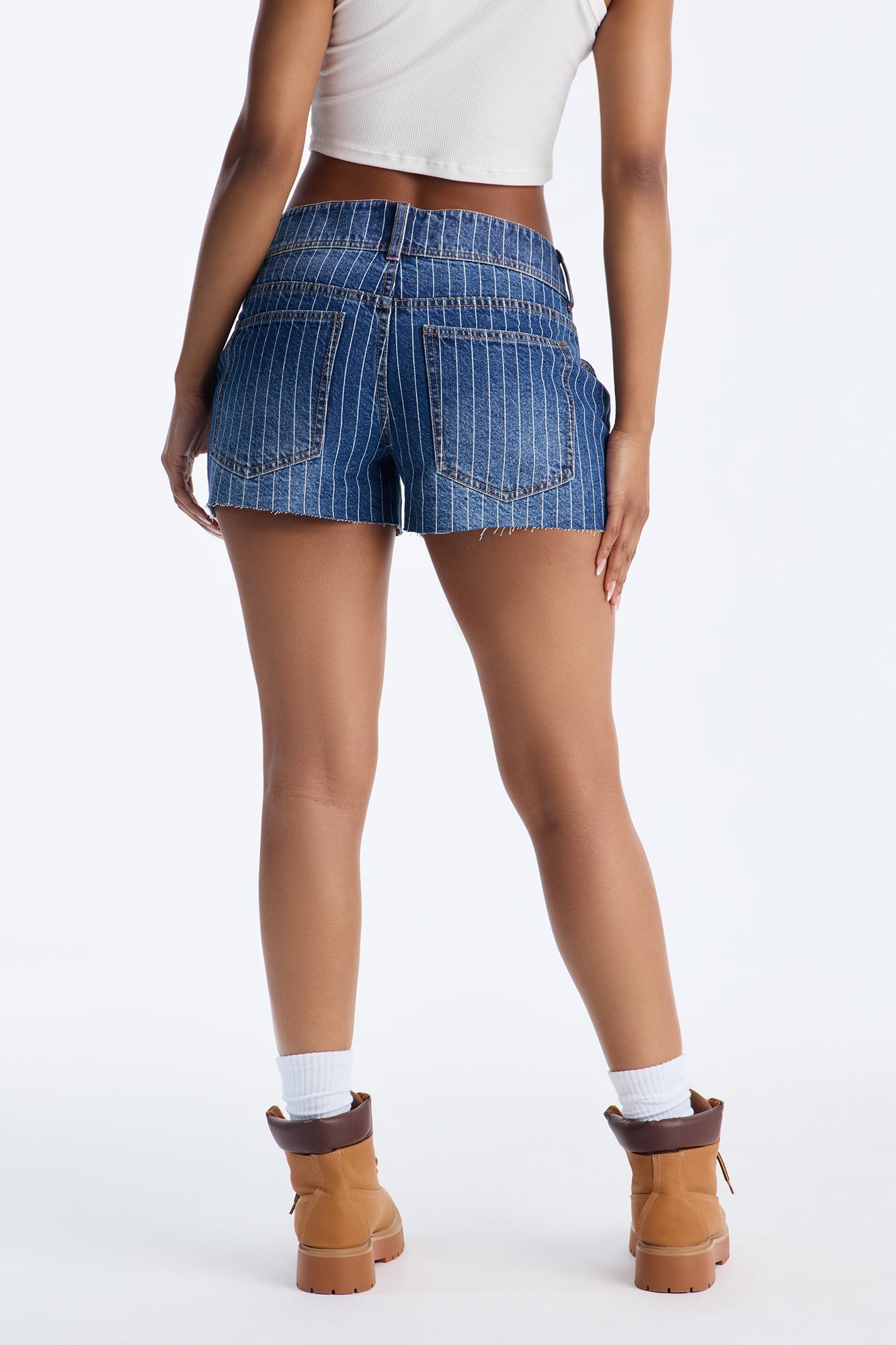 Legendary Low Waist Cut Off Striped Denim Shorts - Dark Wash