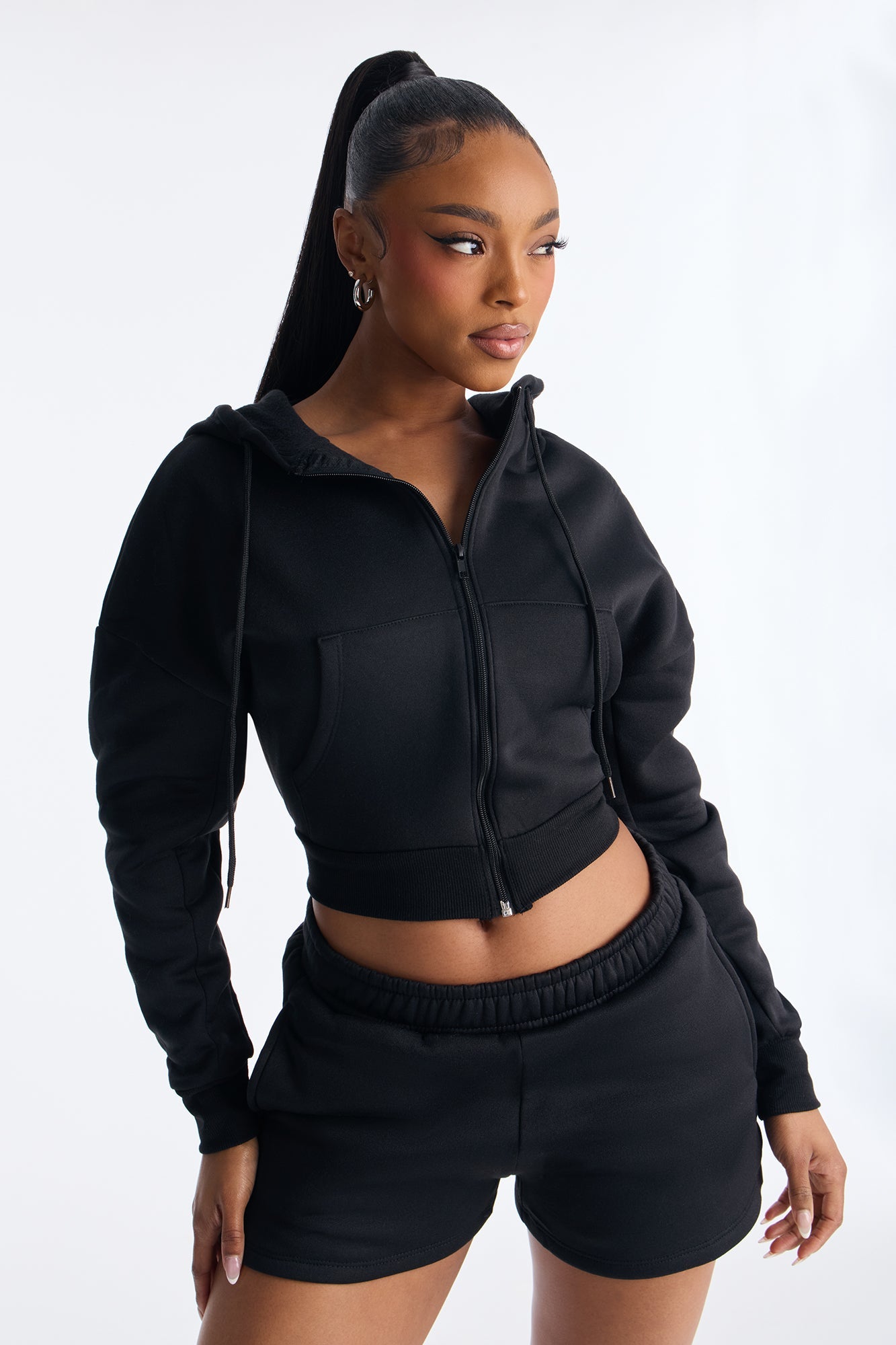 Nadine Fleece Zip Up Hoodie Short Set - Black