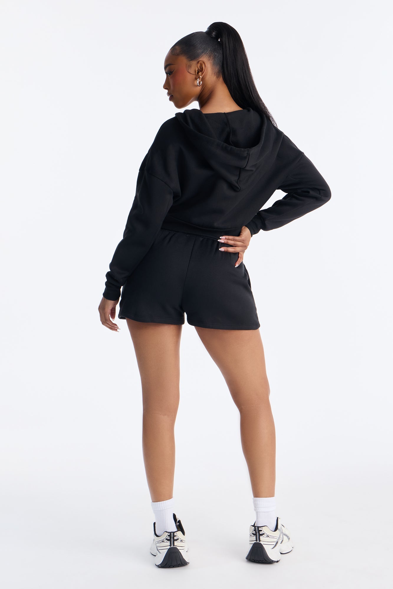Nadine Fleece Zip Up Hoodie Short Set - Black
