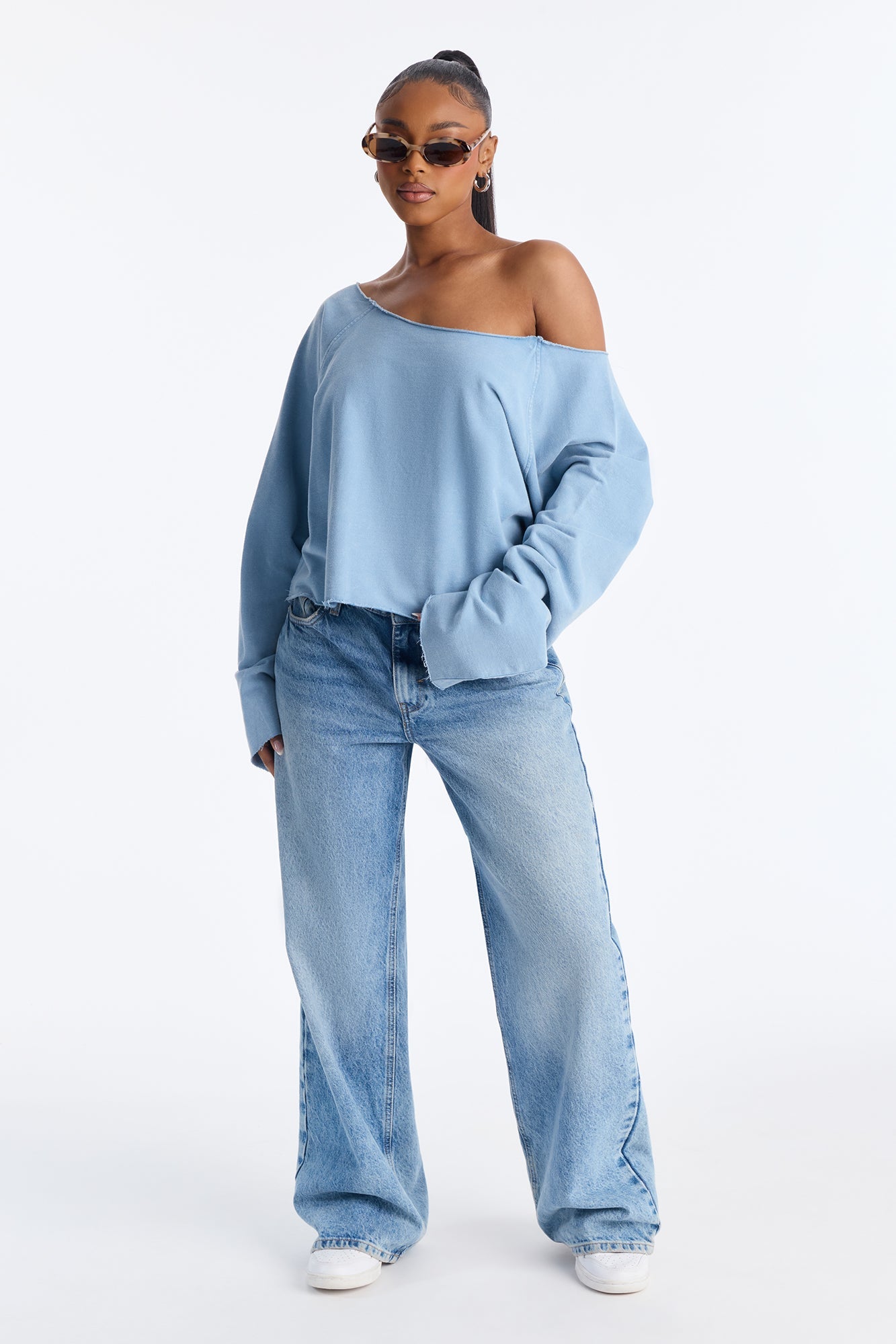 Keep It Cute Off Shoulder Sweatshirt - Blue