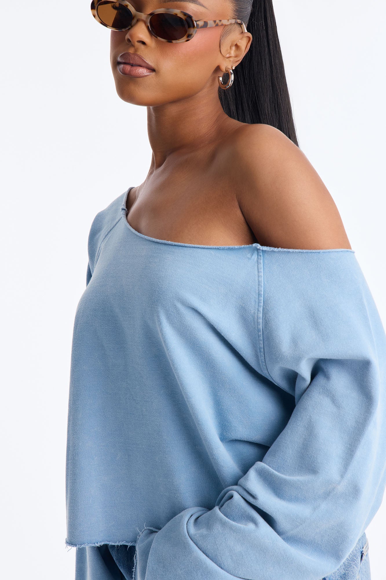 Keep It Cute Off Shoulder Sweatshirt - Blue